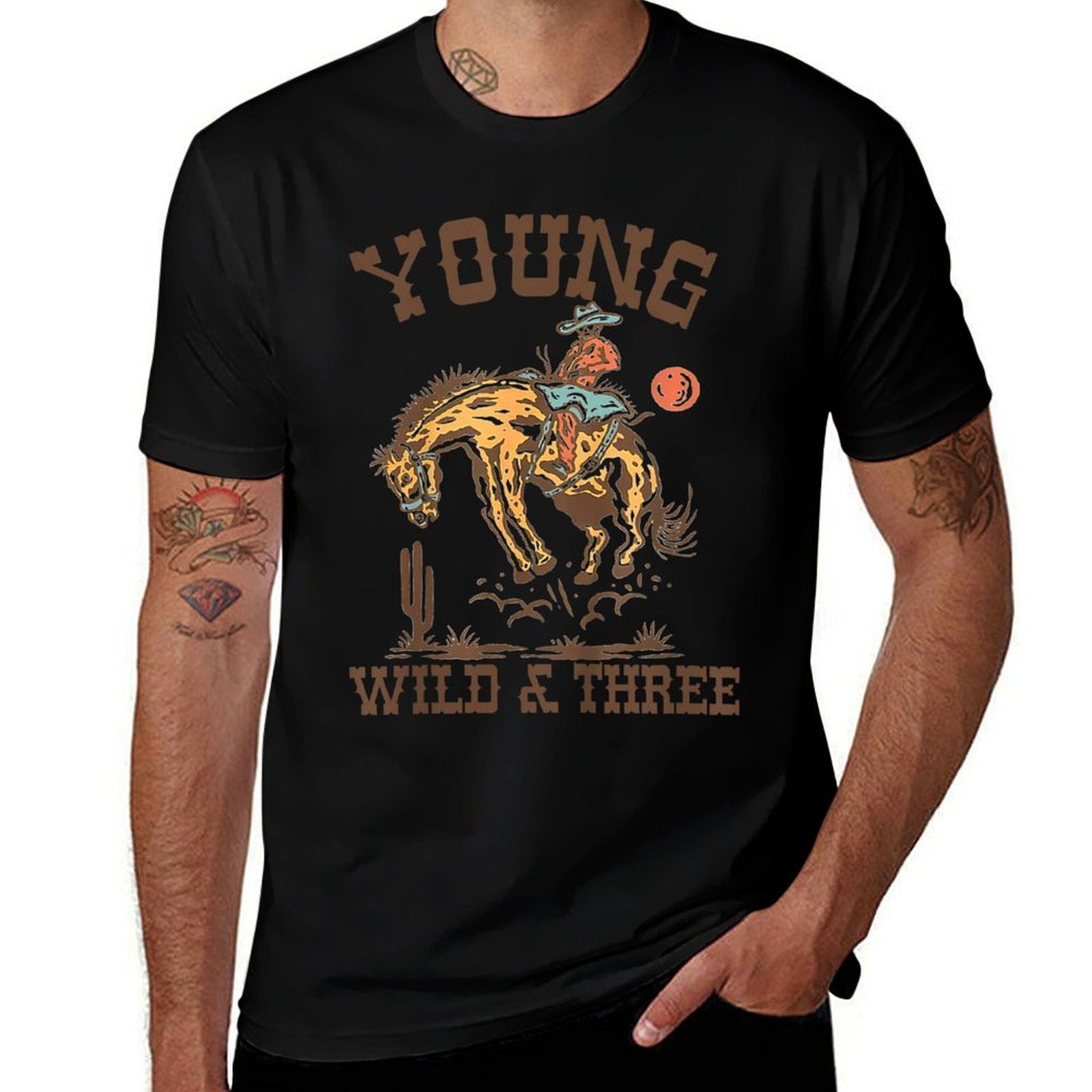 Kids Young Wild & Three Cowboy Western Rodeo 3rd Birthday Boy  Fade-proof Color T-Shirt