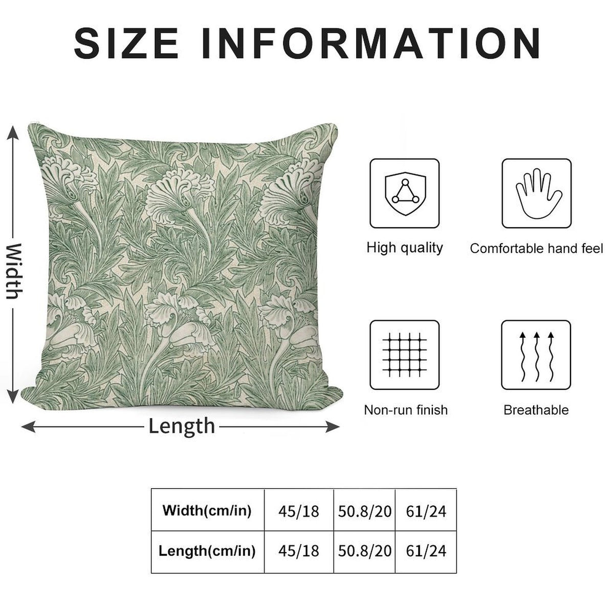 William Morris Vintage Green Tulip Floral Pattern Soft Reinforced Edging Throw Pillow