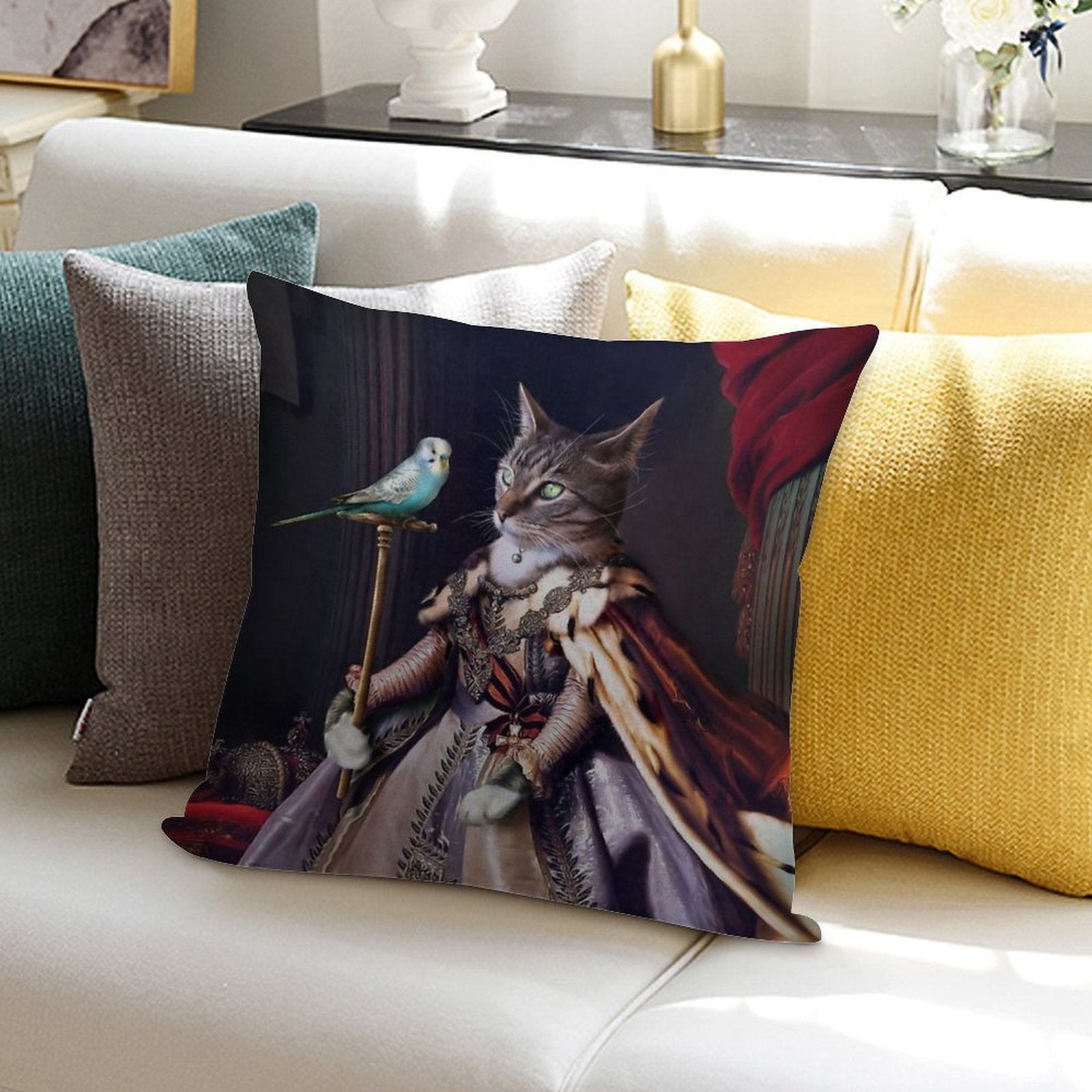 Cat And Budgie Portrait -  Big Cat And Cyril Soft Easy Maintenance Throw Pillow