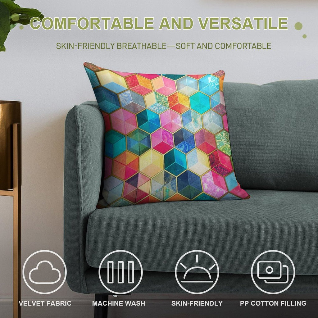 Crystal Bohemian Honeycomb Cubes - Colorful Hexagon Pattern Soft Anti-Pilling Throw Pillow