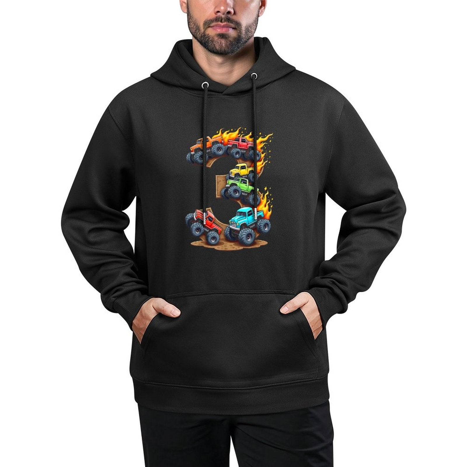 3 Year Old Monster Truck Boy Toddler 3rd Birthday Party Cotton-Polyester Blend Hoodie