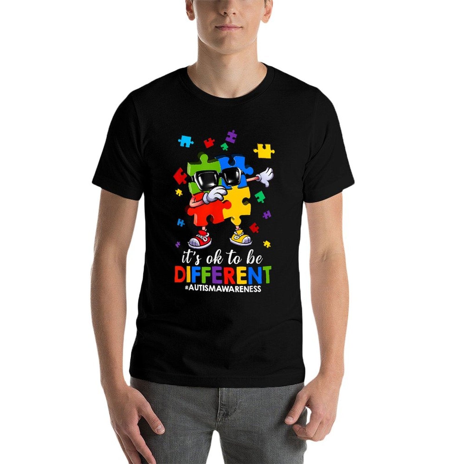 It's OK To Be Different Dabbing Puzzle Autism Awareness Kids  Fade-proof Color T-Shirt