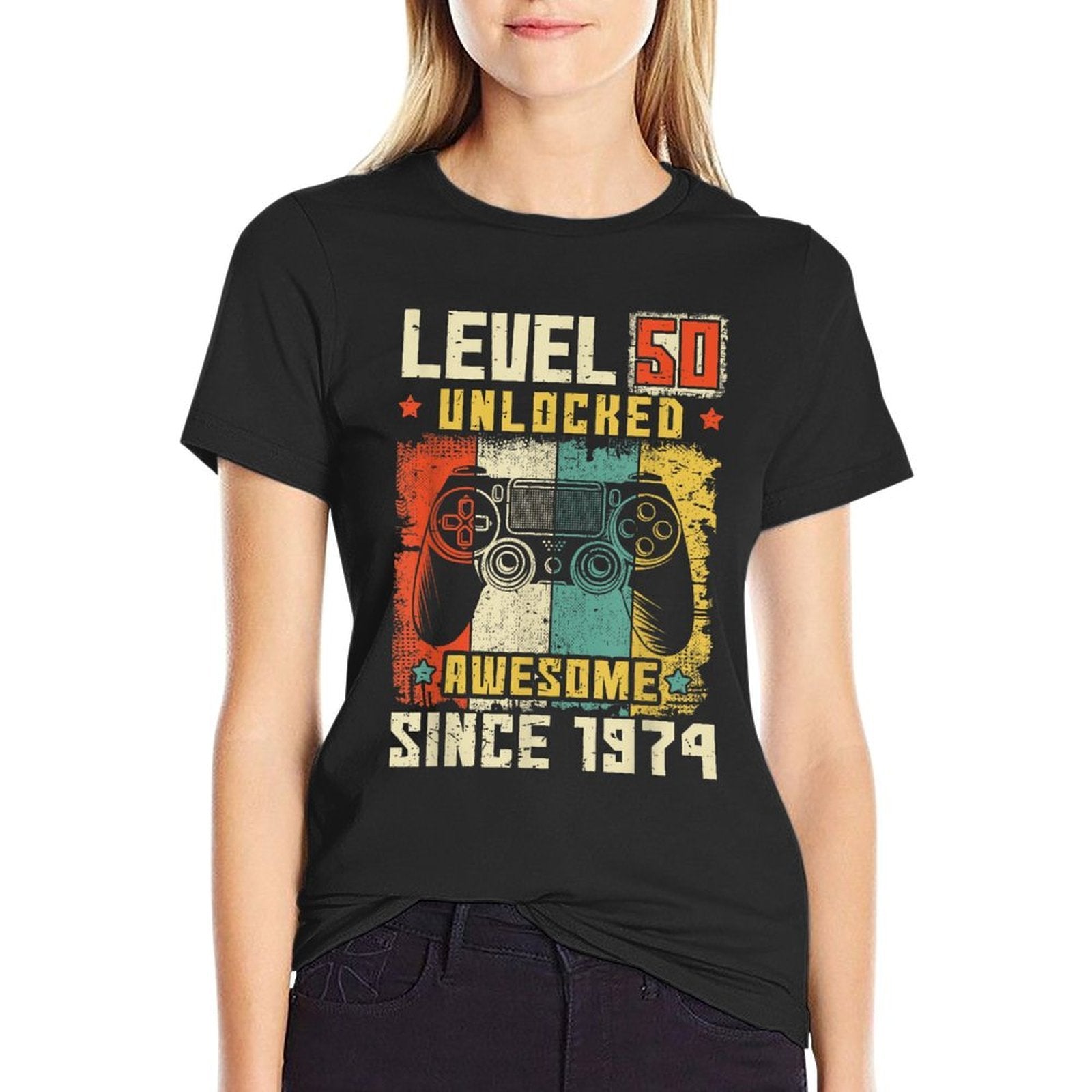 50 Birthday Decorations Gamer Men Video 1974 50th Birthday  Rolled Sleeves T-Shirt