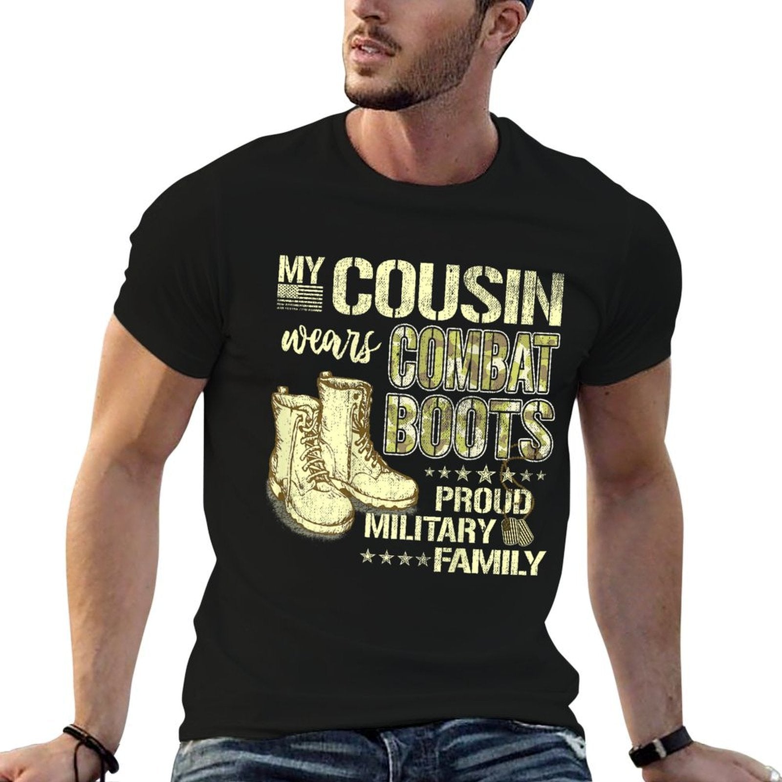My Cousin Wears Combat Boots Dog Tags Proud Military Family  Relaxed-fit T-Shirt