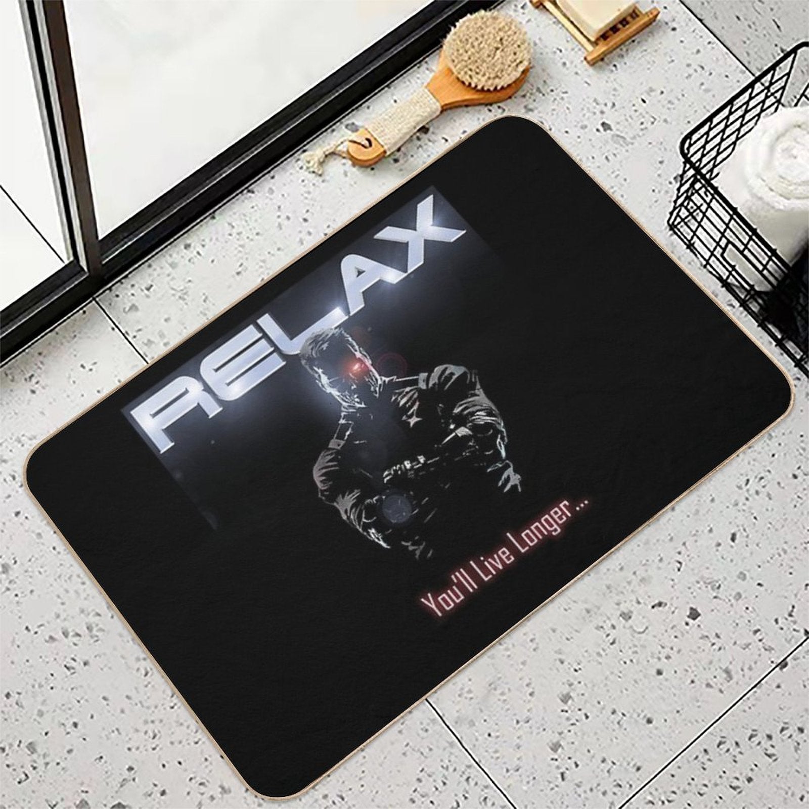 Badass Funny Terminator Relax Advice Illustration  Dirt-Trapping Bath Mat