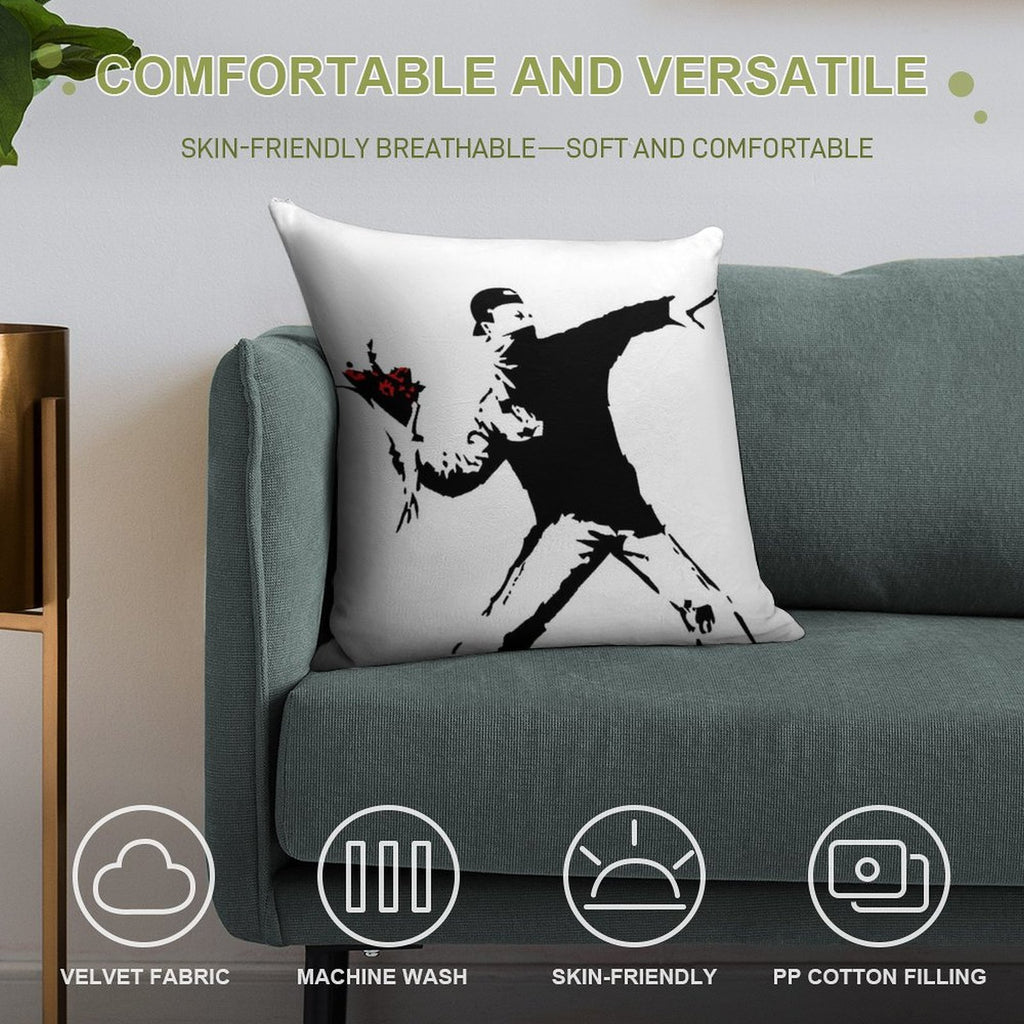 Banksy Flower Thrower! Soft High-Density Material Throw Pillow
