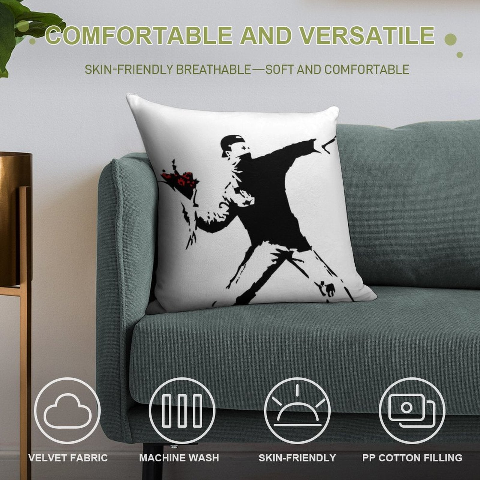 Banksy Flower Thrower! Soft High-Density Material Throw Pillow