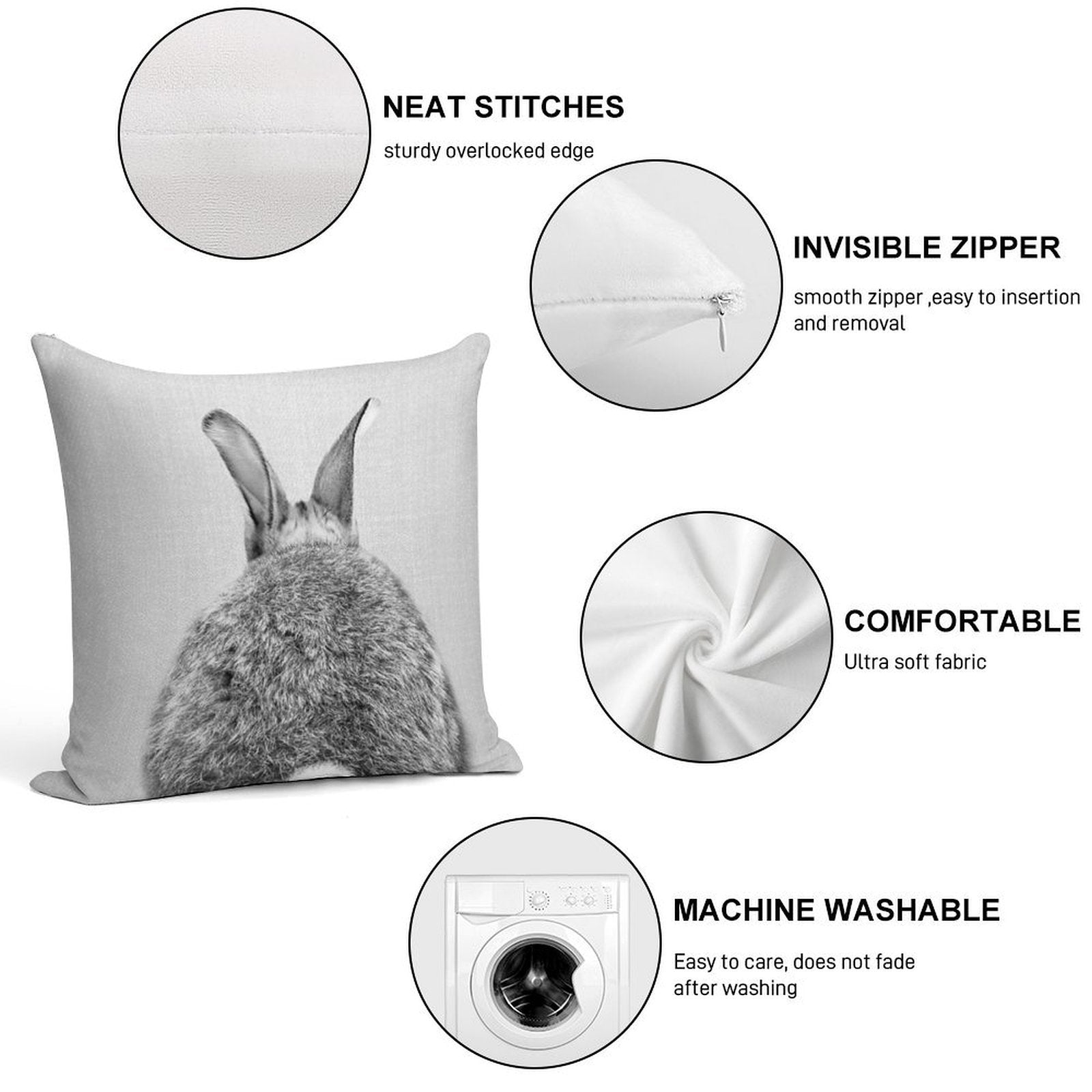 Rabbit Tail - Black & White Soft Decorative Cover Throw Pillow