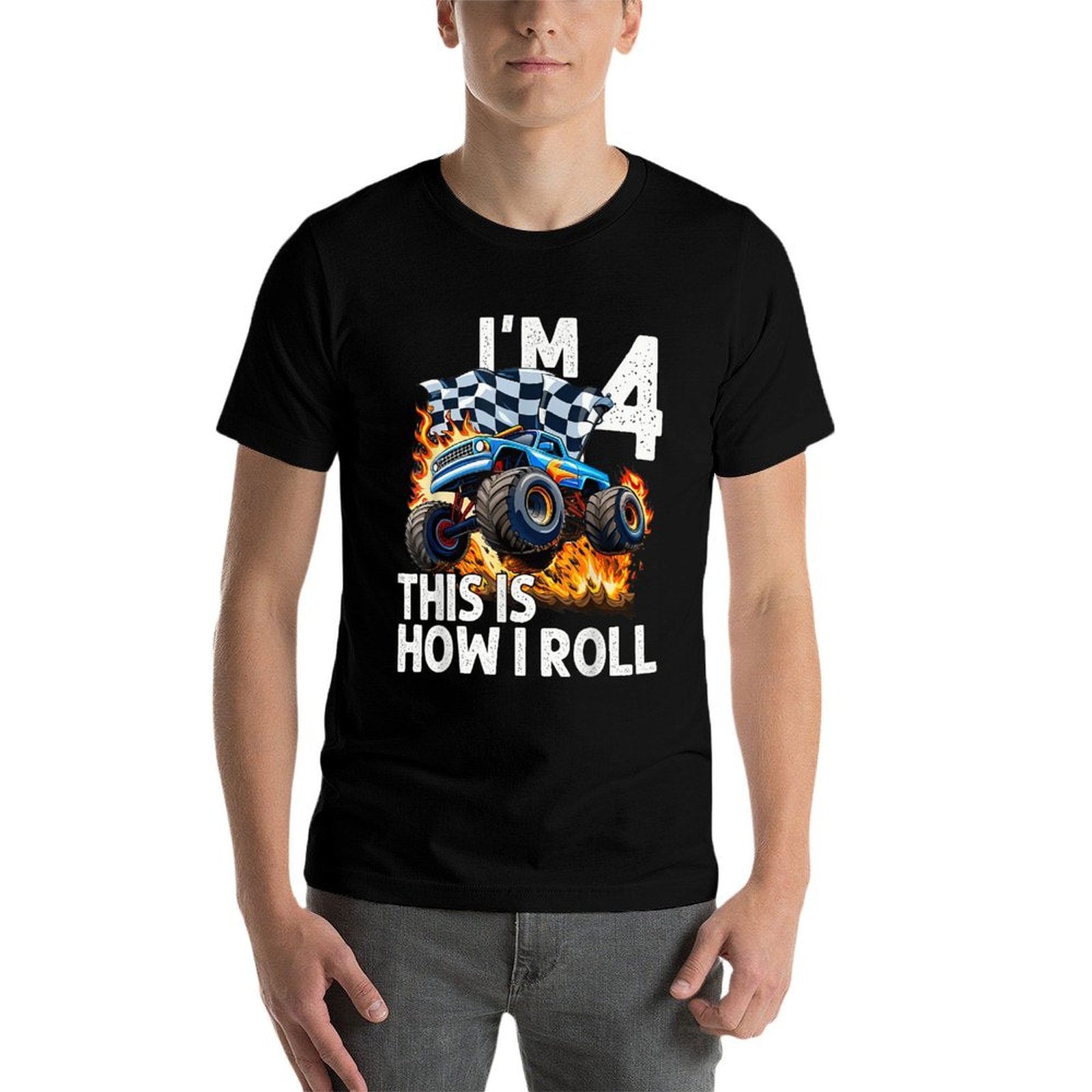 4th Birthday Boys I'm 4 This Is How I Roll Monster Truck Car  Heathered Texture T-Shirt