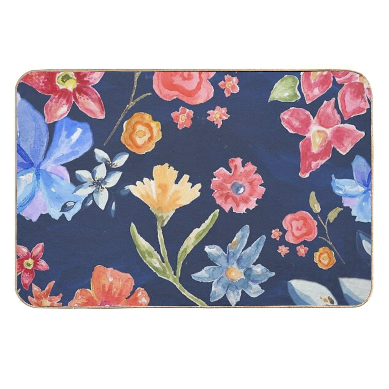Navy Blue with Colorful Flowers  Whimsical  Fun  Floral Design  Dirt-Trapping Bath Mat