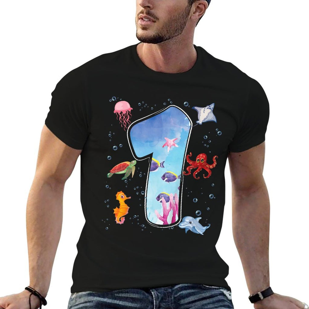 Kids 1st Birthday Party Ocean 1 Year Old Sea Fish Aquarium Boy  Summer-ready Fabric T-Shirt