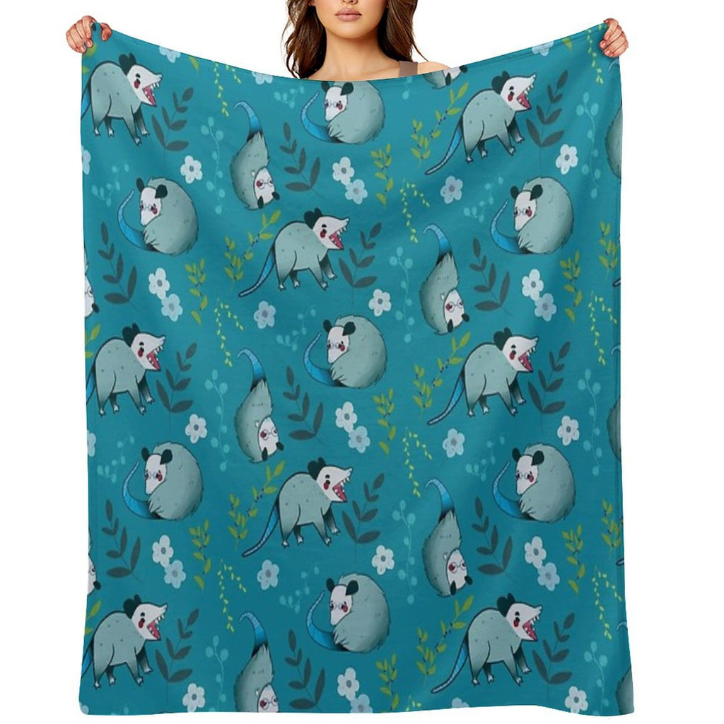 Possum - Cute Blue And Green Cartoon Animal Pattern Versatility Throw Blanket