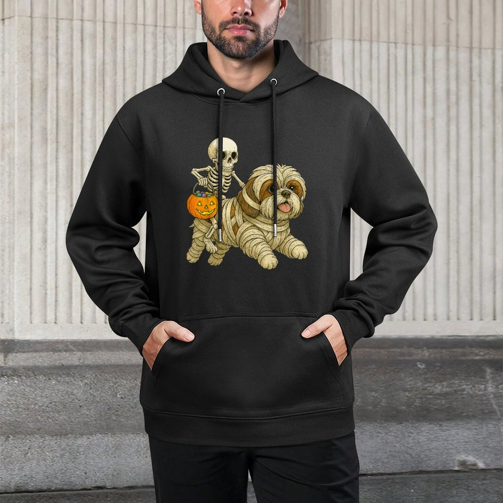 Skeleton Riding Mummy Shih Tzu Dog Halloween Funny Pumpkin Easy Care Hoodie