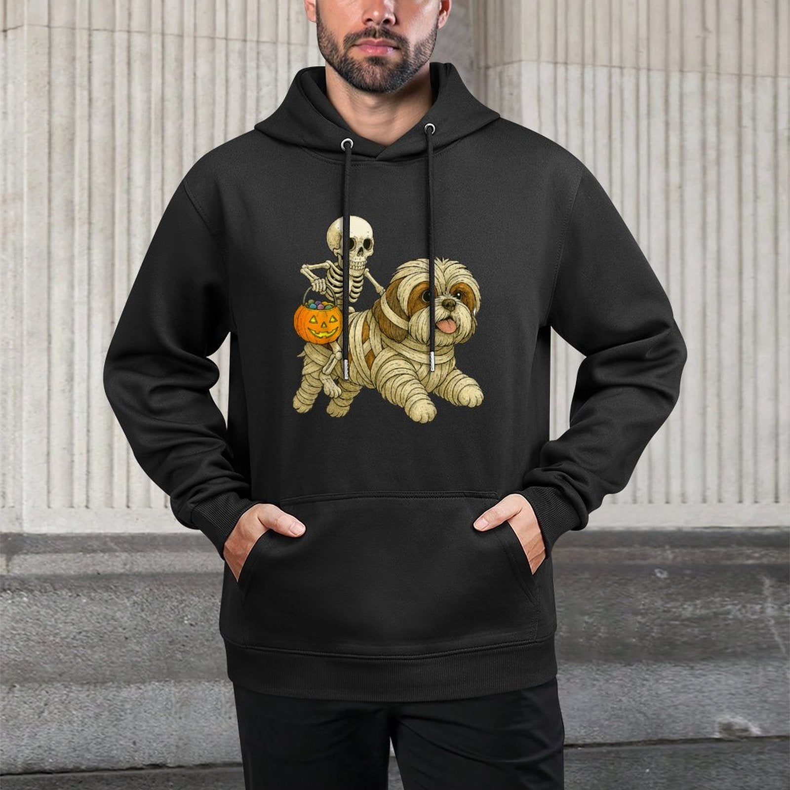 Skeleton Riding Mummy Shih Tzu Dog Halloween Funny Pumpkin Easy Care Hoodie