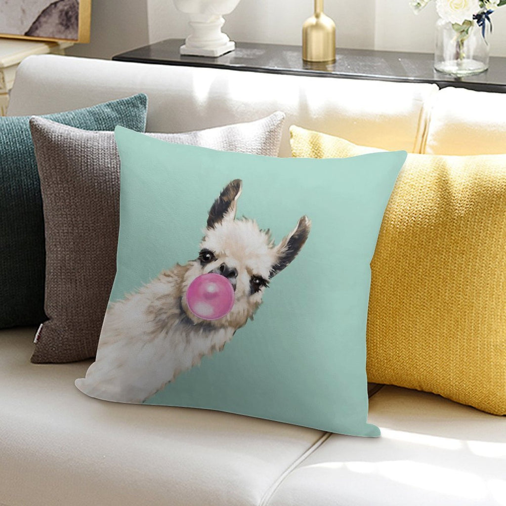 Bubble Gum Sneaky Llama in Green Soft Home Decor Throw Pillow