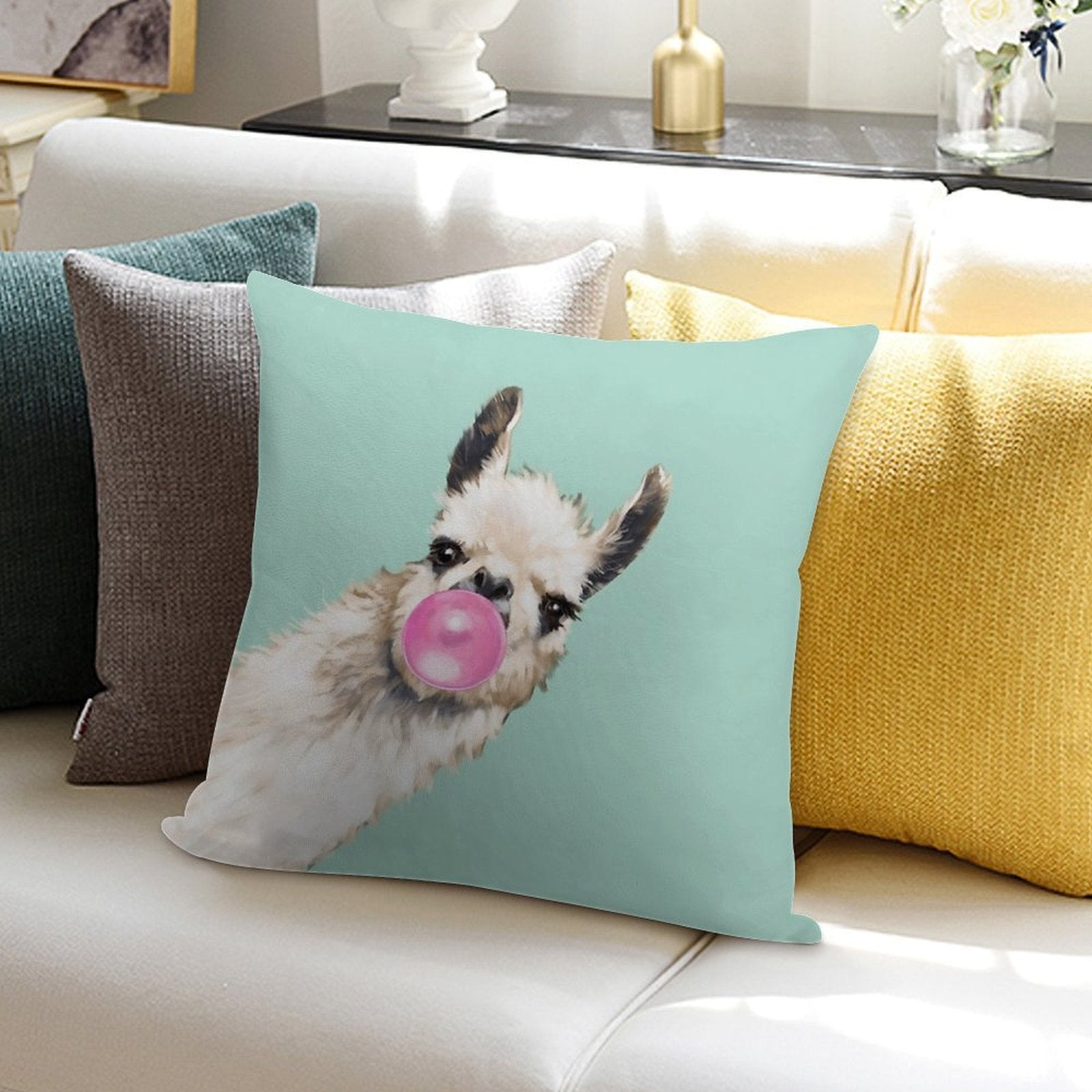 Bubble Gum Sneaky Llama in Green Soft Home Decor Throw Pillow