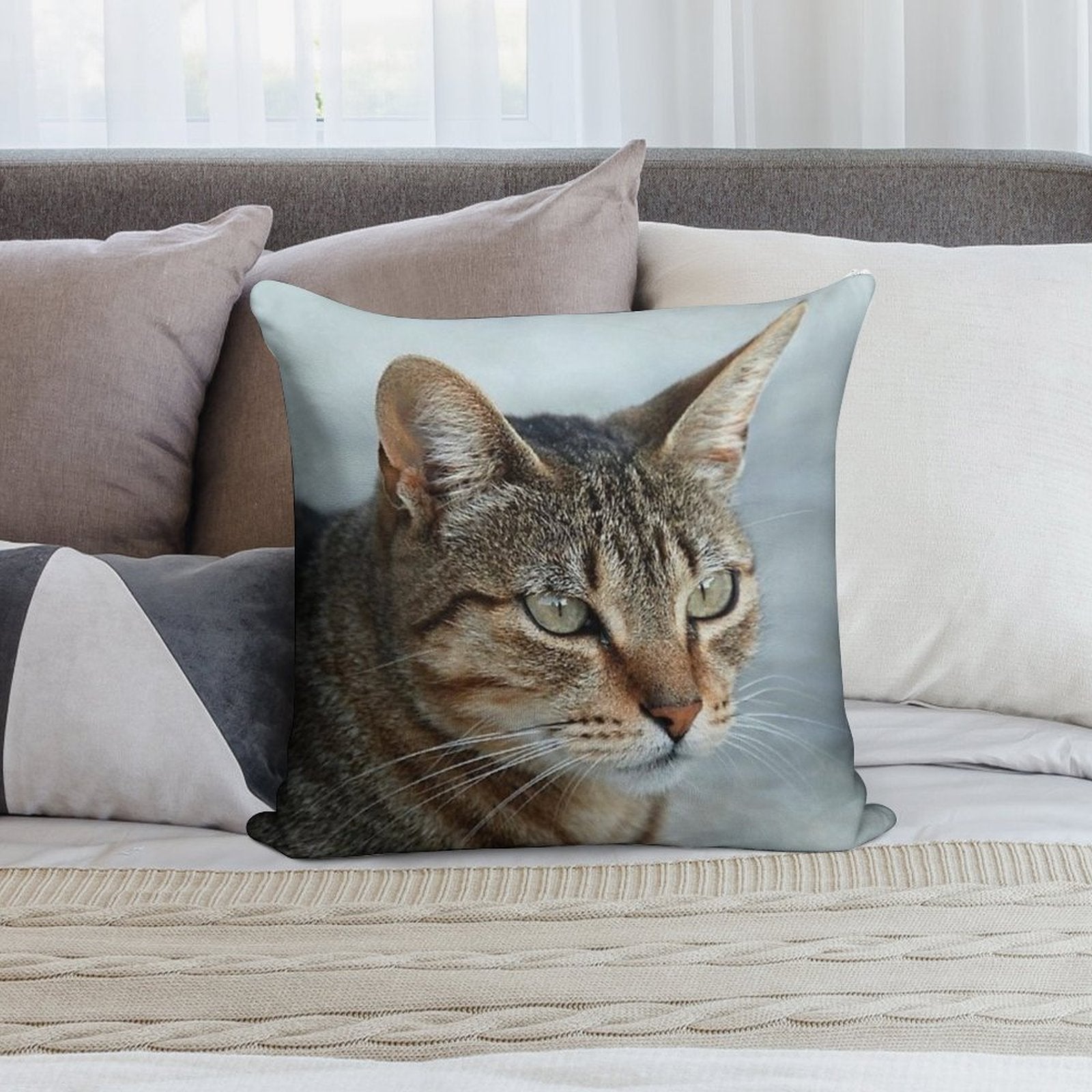 Stunning Tabby Cat CloseUp Photo Portrait Soft Bedroom Essential Throw Pillow