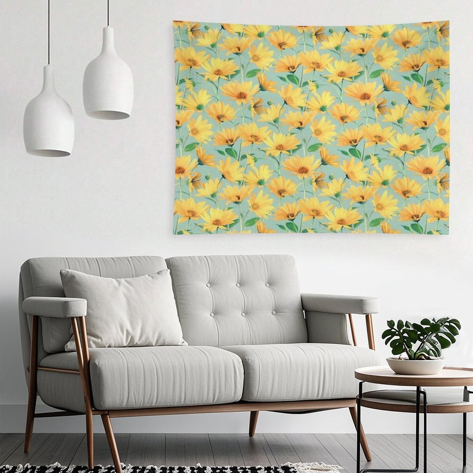 Painted Golden Yellow Daisies on Soft Sage Green Tapestry