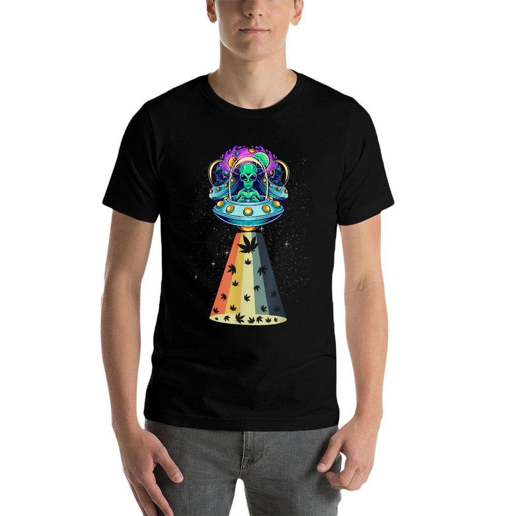 Vintage Alien Weed Pot Leaf UFO Abduction Marijuana  Summer-ready Fabric T-Shirt