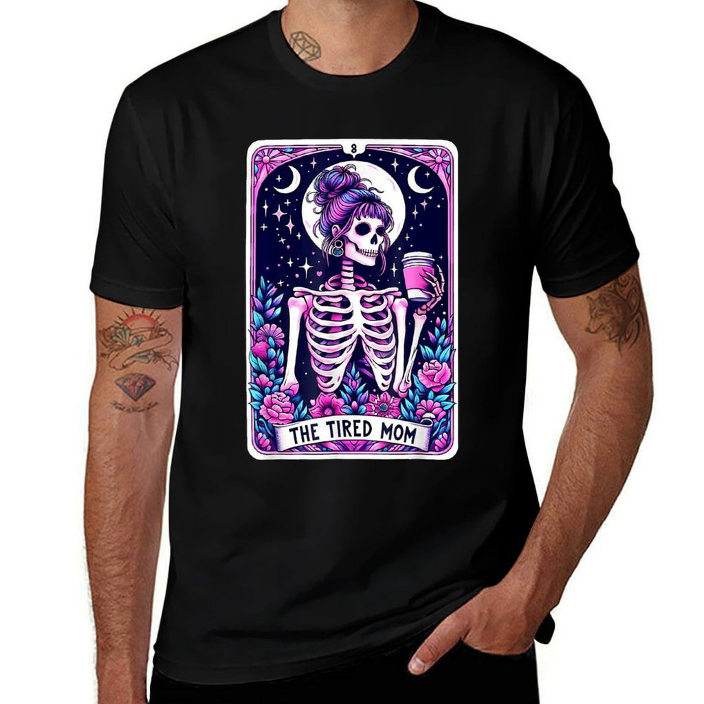 The Tired Mom Tarot Card Skeleton Mothers Day Skull Coffee  Oversized Silhouette T-Shirt