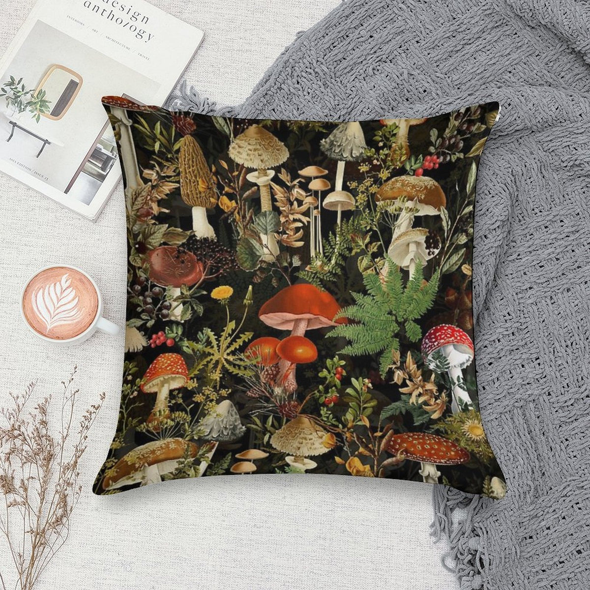 Vintage Midnight Mushrooms Forest Botanical Night Garden Pattern - Black Colorful Nightgarden Soft Luxury Feel Throw Pillow