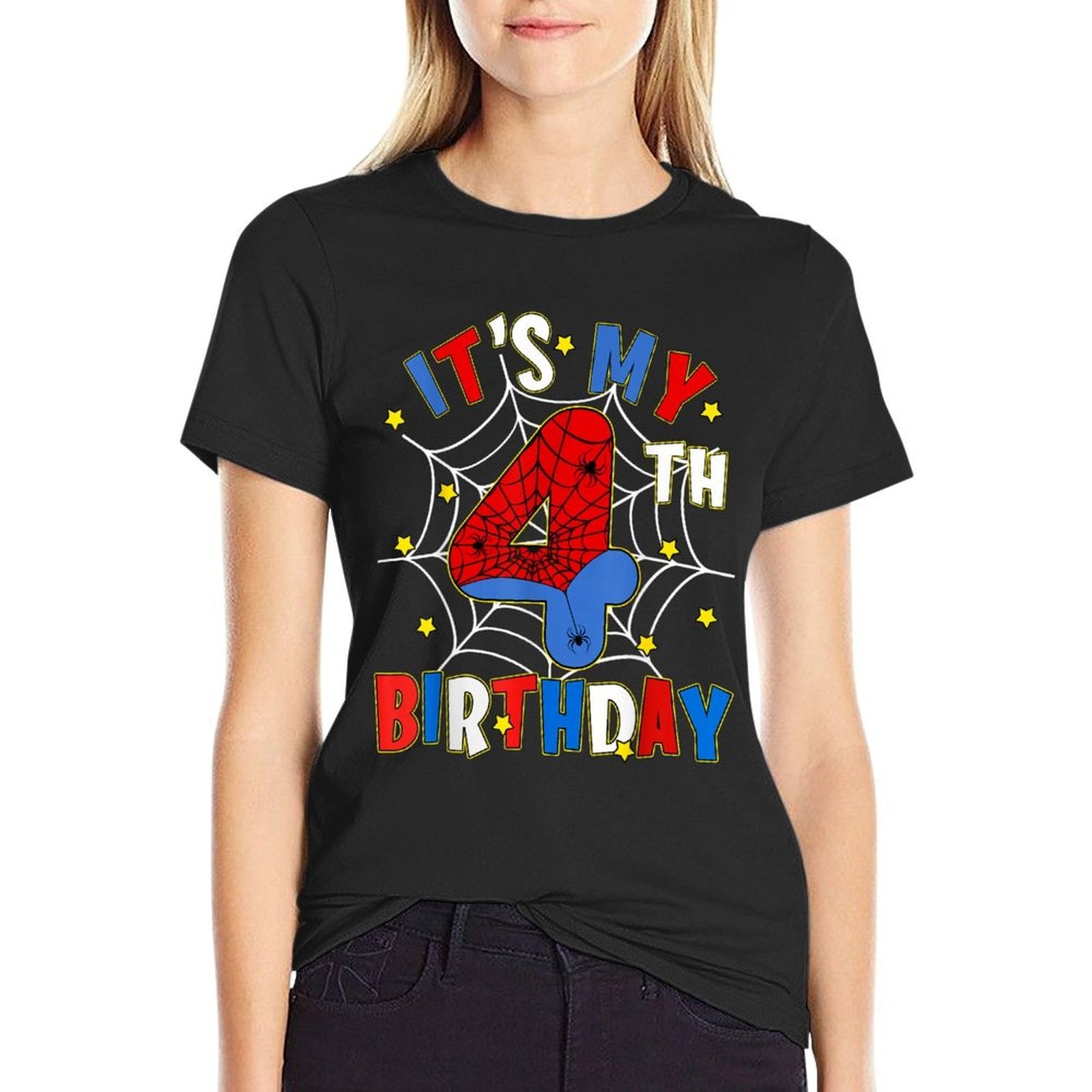 Boy Kids It's My 4th Birthday Spider Theme Party 4 Year Old  Oversized Silhouette T-Shirt