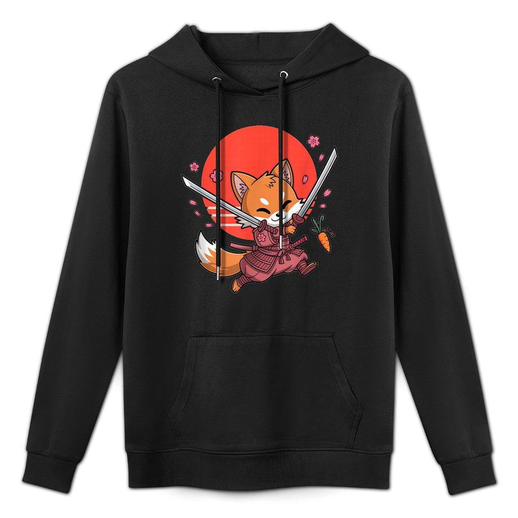 Kawaii Samurai Fox with Swords And Sakura Blossoms Cotton-Polyester Blend Hoodie