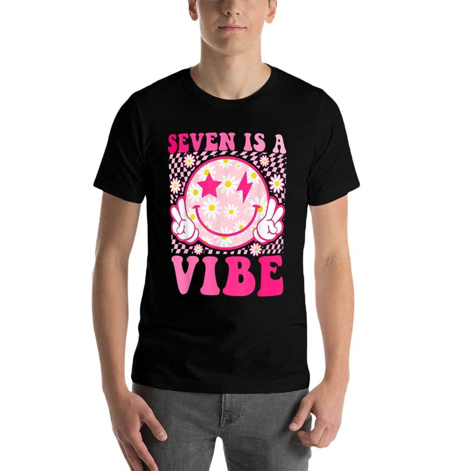 Seven Is A Vibe 7th Birthday Groovy 7 Years Old Smile Face  Summer-ready Fabric T-Shirt