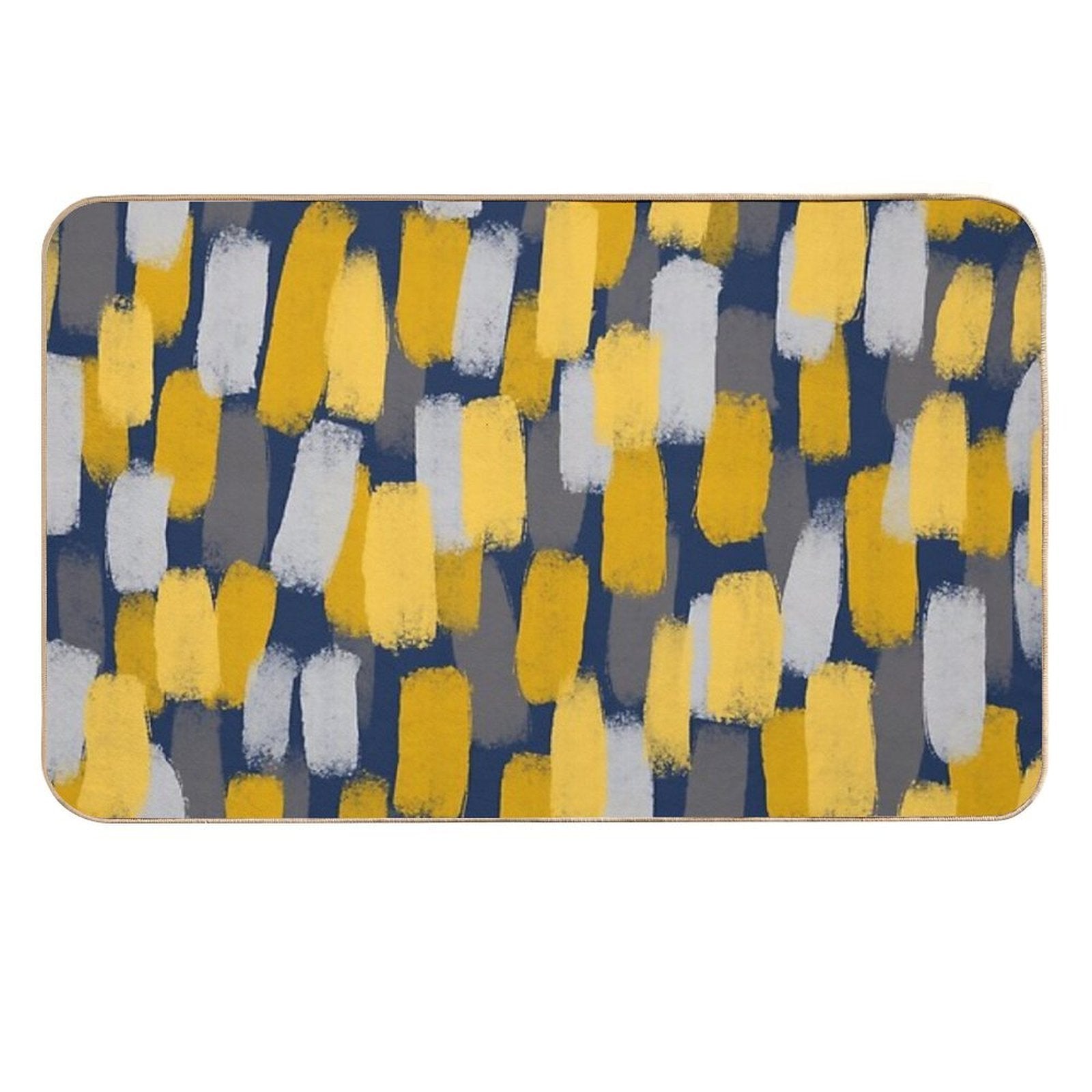 Abstract Grey And Mustard Yellow Paint Brush Effect on Navy Blue  Odorless Bath Mat