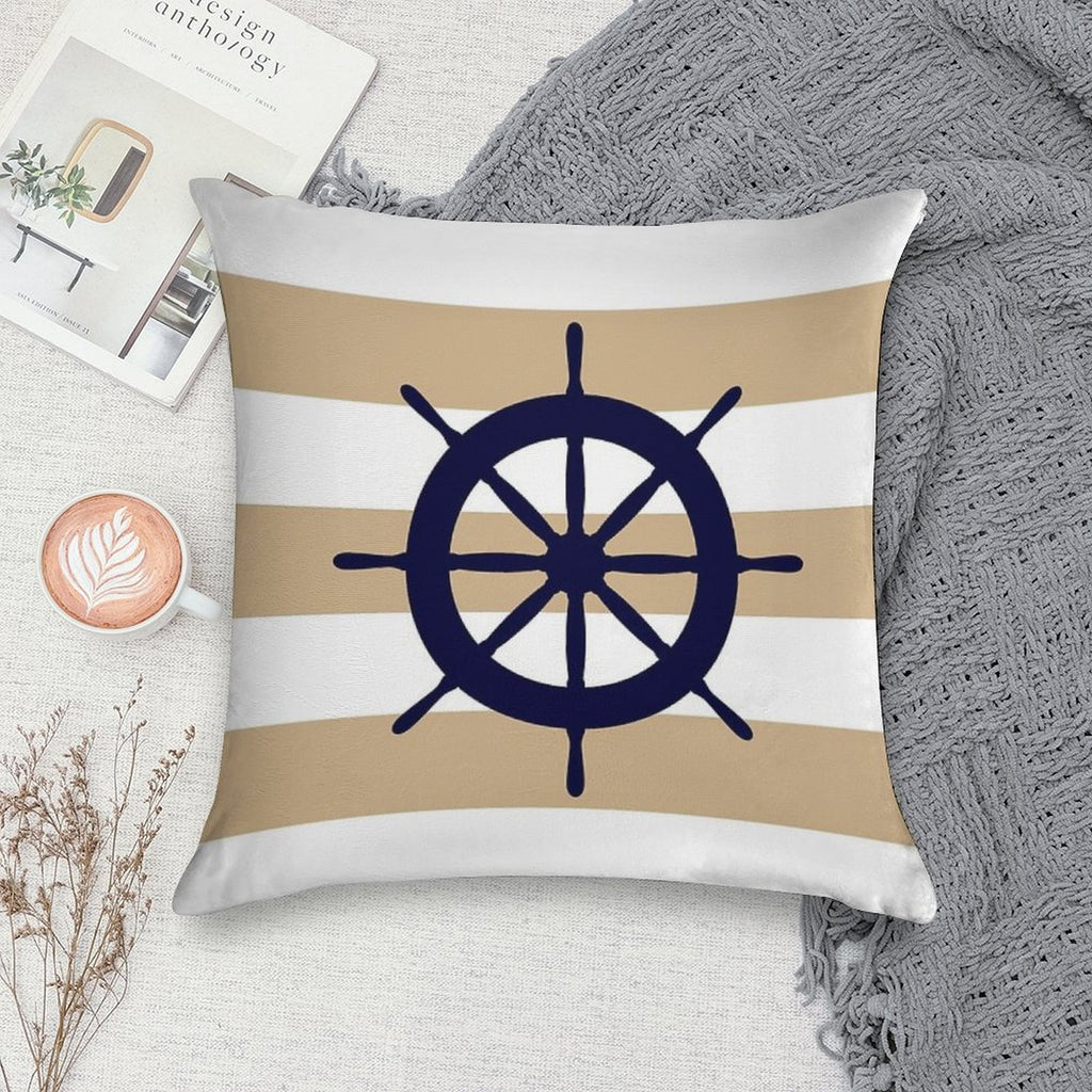 Nautical Navy Blue Ship's Steering Wheel On Tropical Tan Stripes Soft Hidden Zipper Throw Pillow