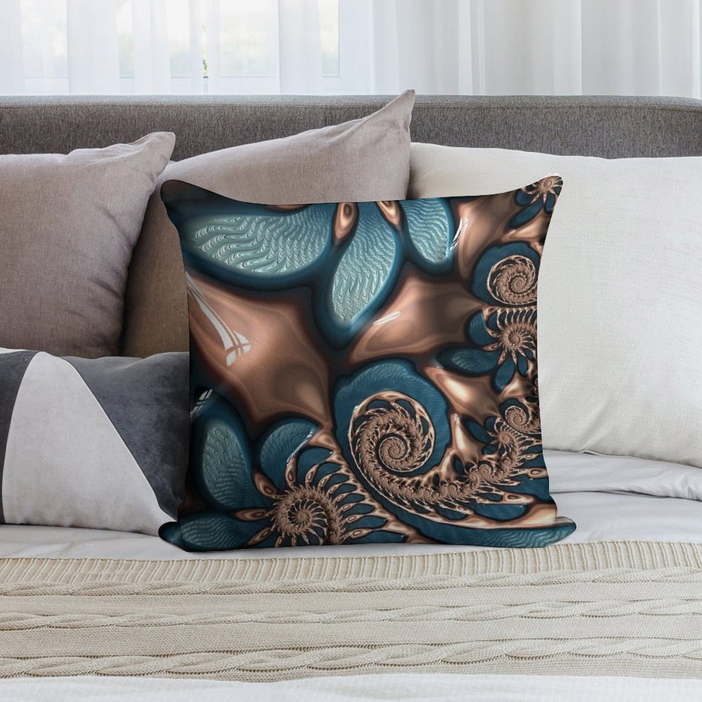 Teal And Chocolate Swirl - Blue Brown Fractal Spirals Soft Reinforced Edging Throw Pillow