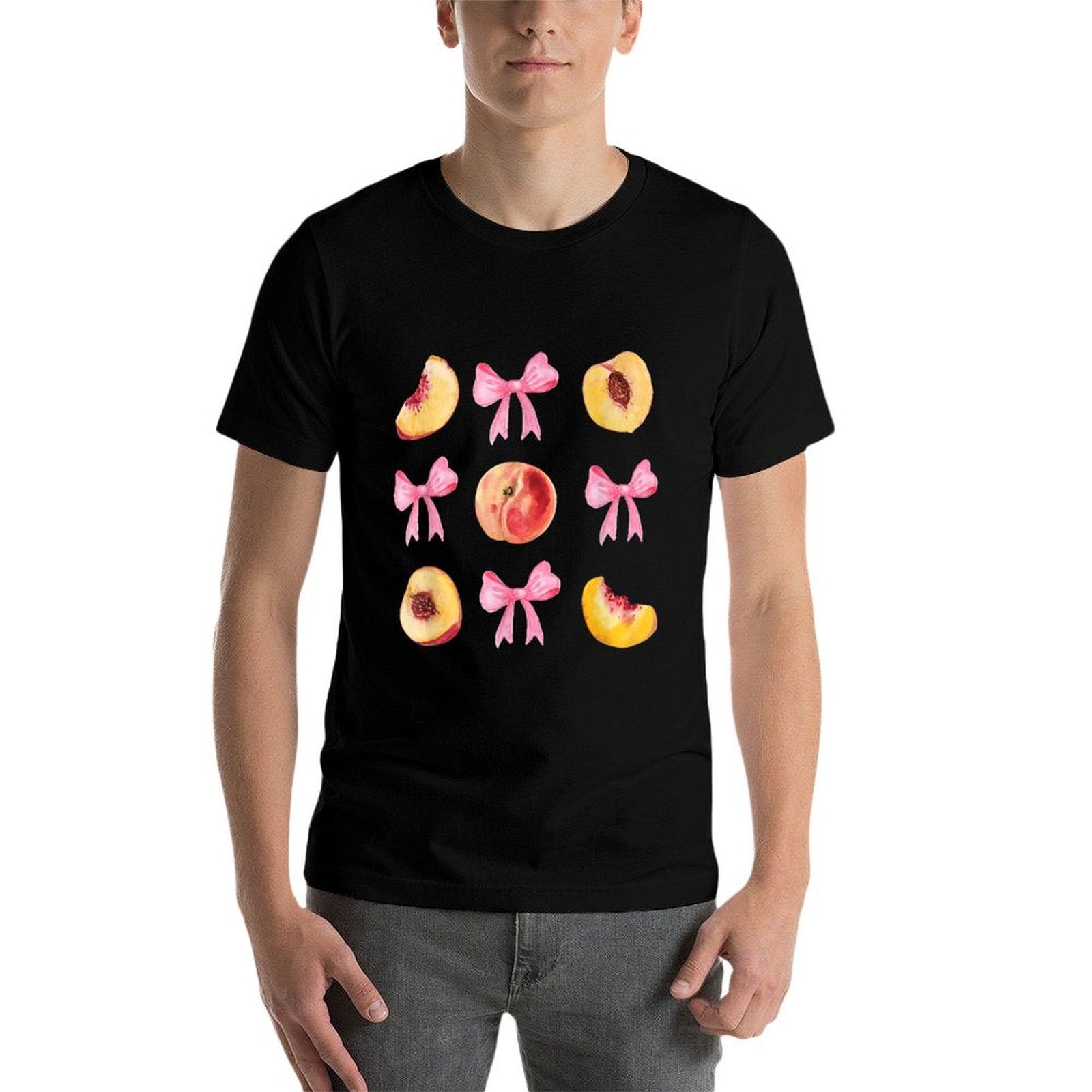 Peach Fruit Pink Bows Fruit Aesthetic Coquette Girl Peach  Ribbed Collar T-Shirt