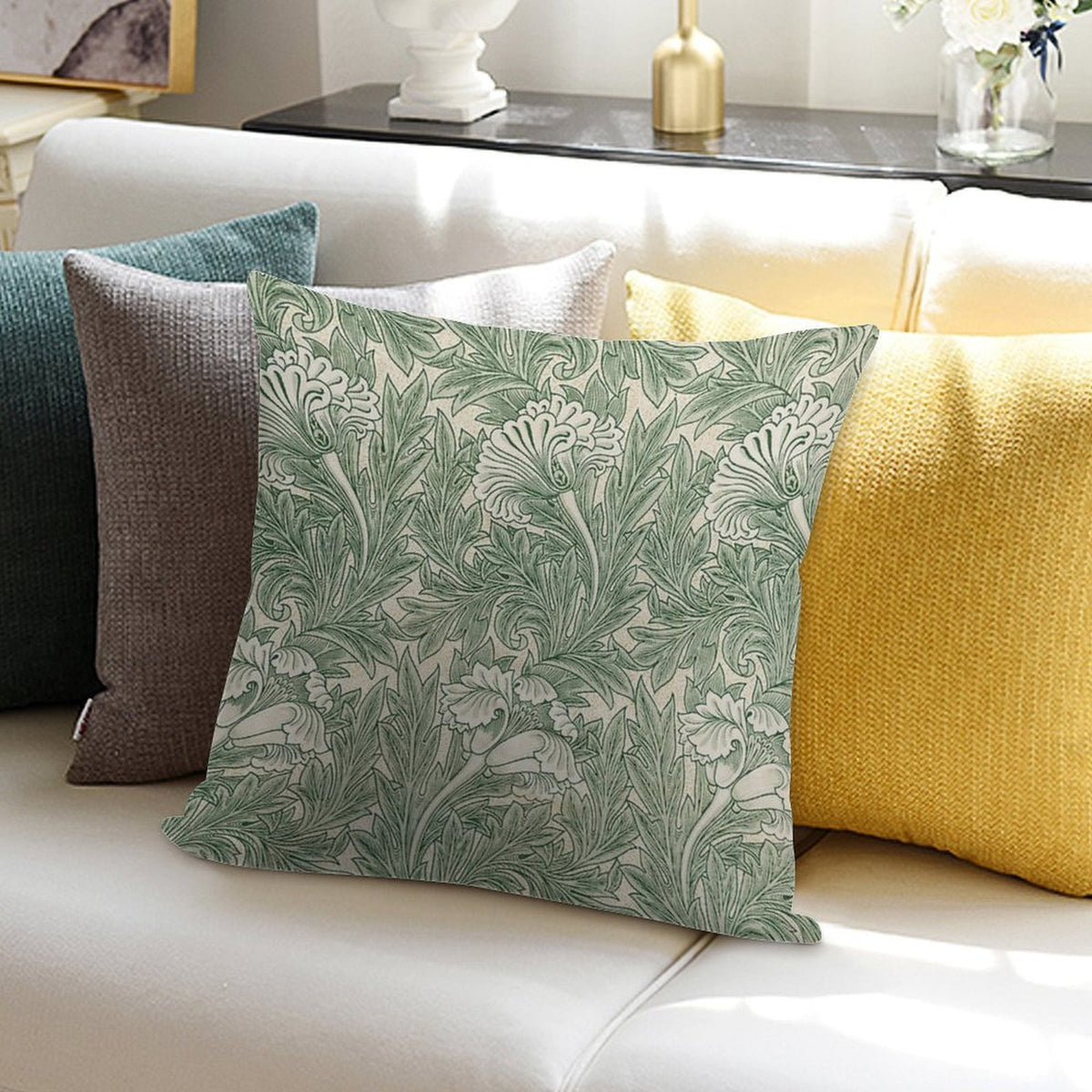 William Morris Vintage Green Tulip Floral Pattern Soft Reinforced Edging Throw Pillow