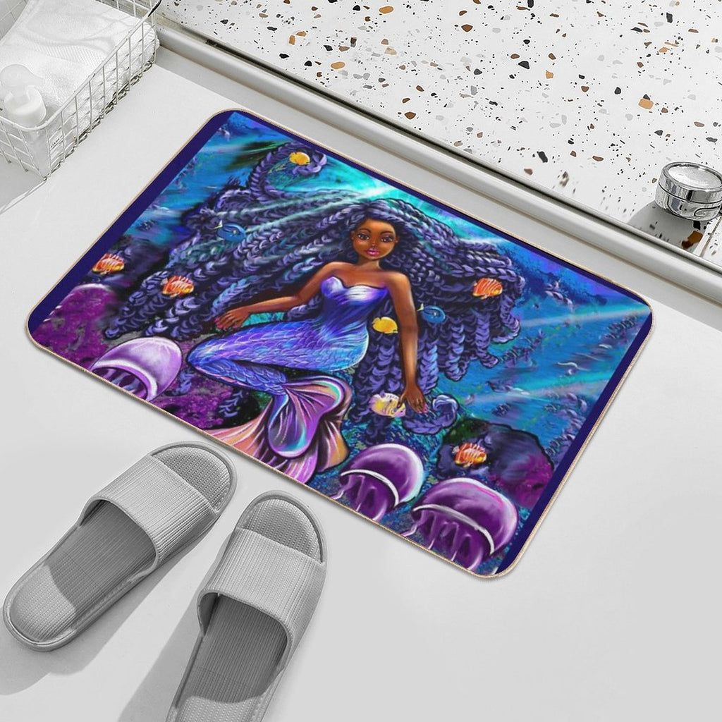 Mermaid Underwater with Flowing Shimmering Blue Black Braids 2 Fish And Jelly Fish  , Brown Eyes Curly Afro Hair And Caramel Bro  Stain-Proof Bath Mat