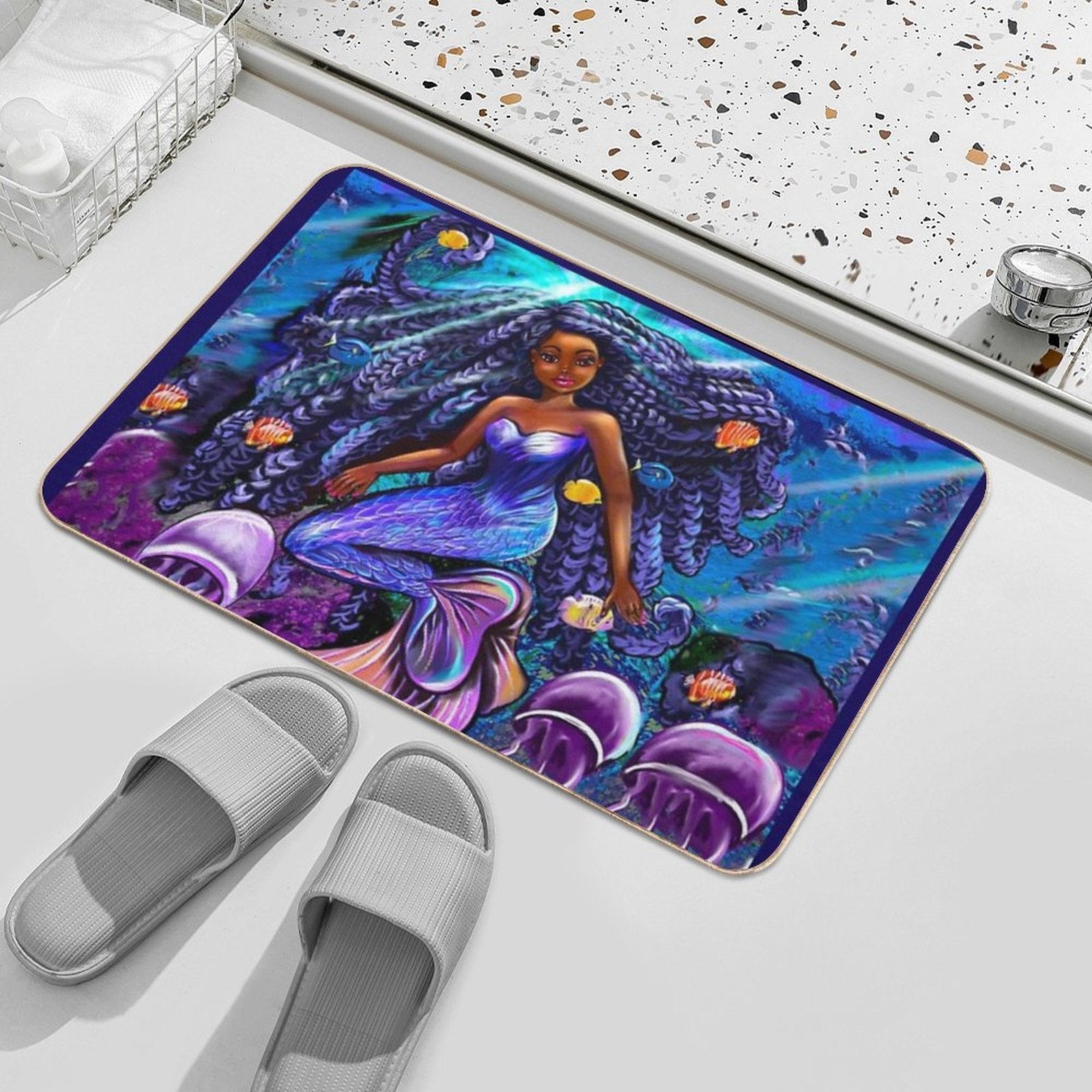 Mermaid Underwater with Flowing Shimmering Blue Black Braids 2 Fish And Jelly Fish  , Brown Eyes Curly Afro Hair And Caramel Bro  Stain-Proof Bath Mat