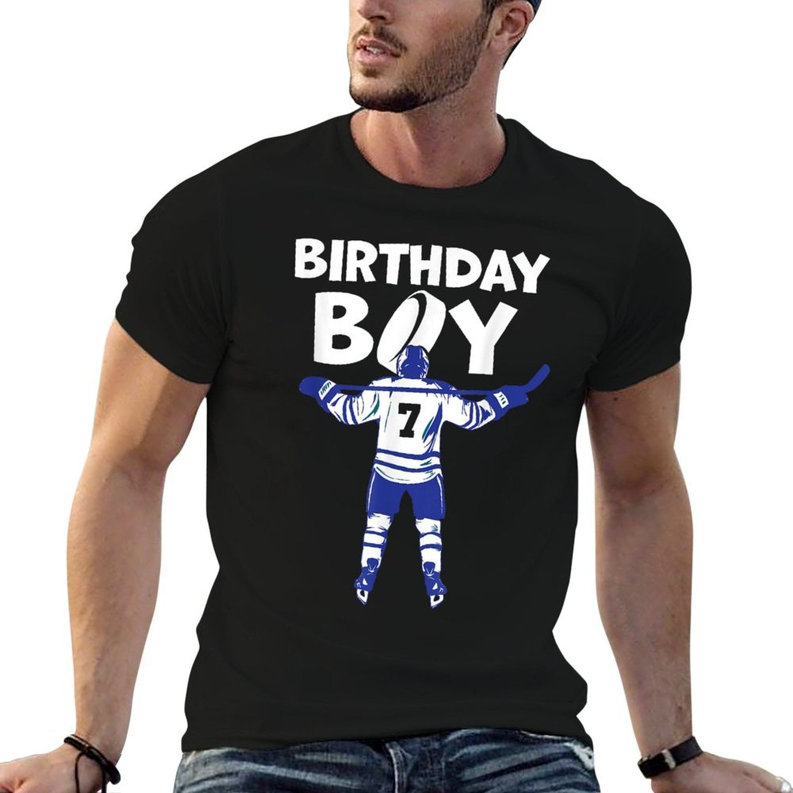 7th Birthday Ice Hockey Boy 7 Year Old Hockey Player  Ribbed Collar T-Shirt