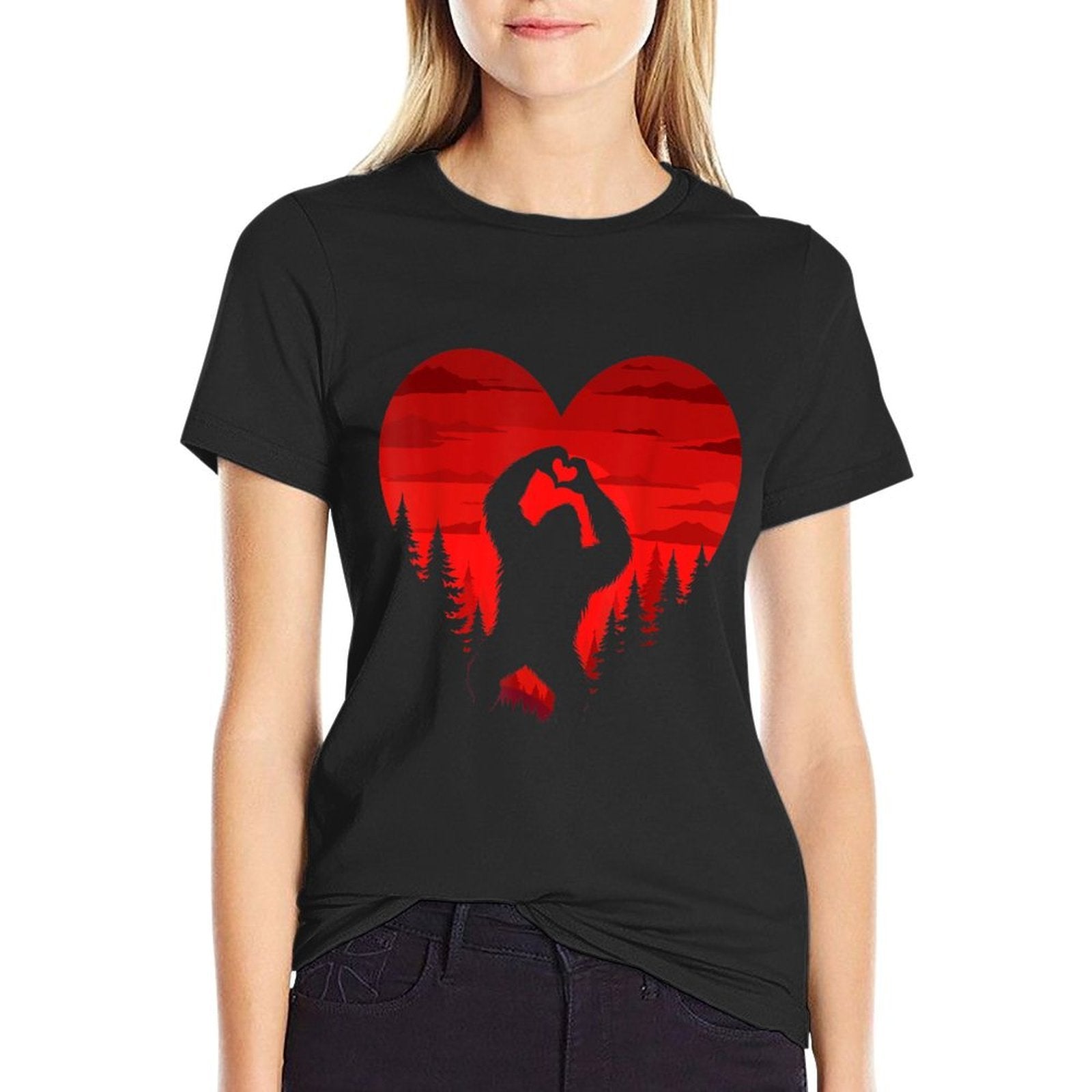 Bigfoot Heart Valentine Day Sasquatch Retro Landscape Forest  Stretchy T-Shirt