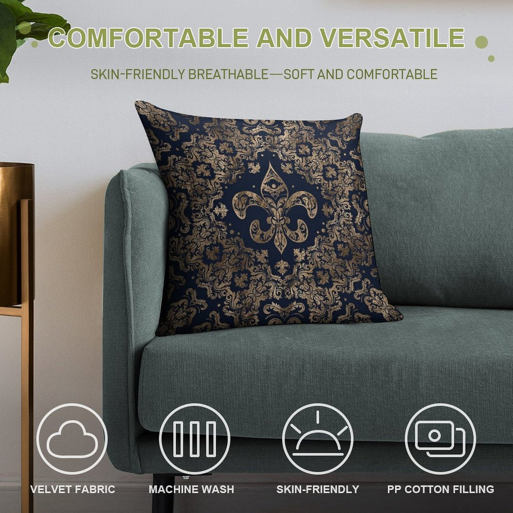 Luxury Fleur-de-lis Ornament - Gold And Dark Blue Soft Short Plush Fabric Throw Pillow