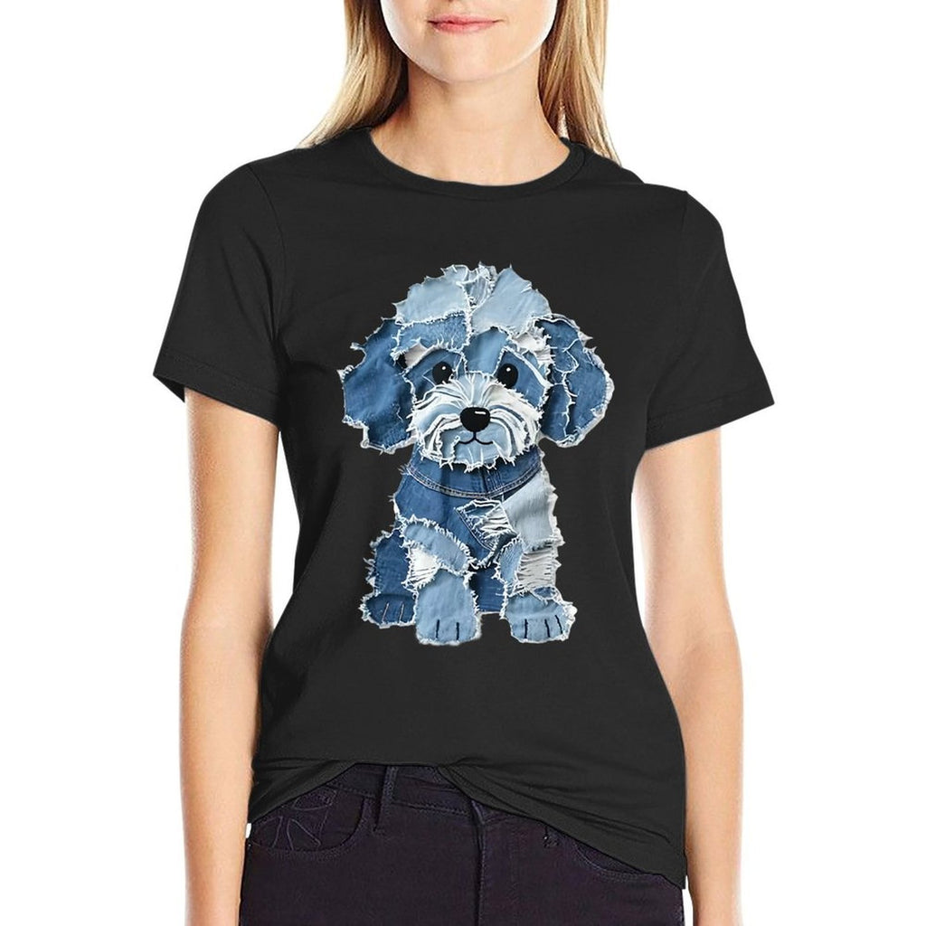 Retro Funny Denim Patch Animal Dog Print  Summer-ready Fabric T-Shirt
