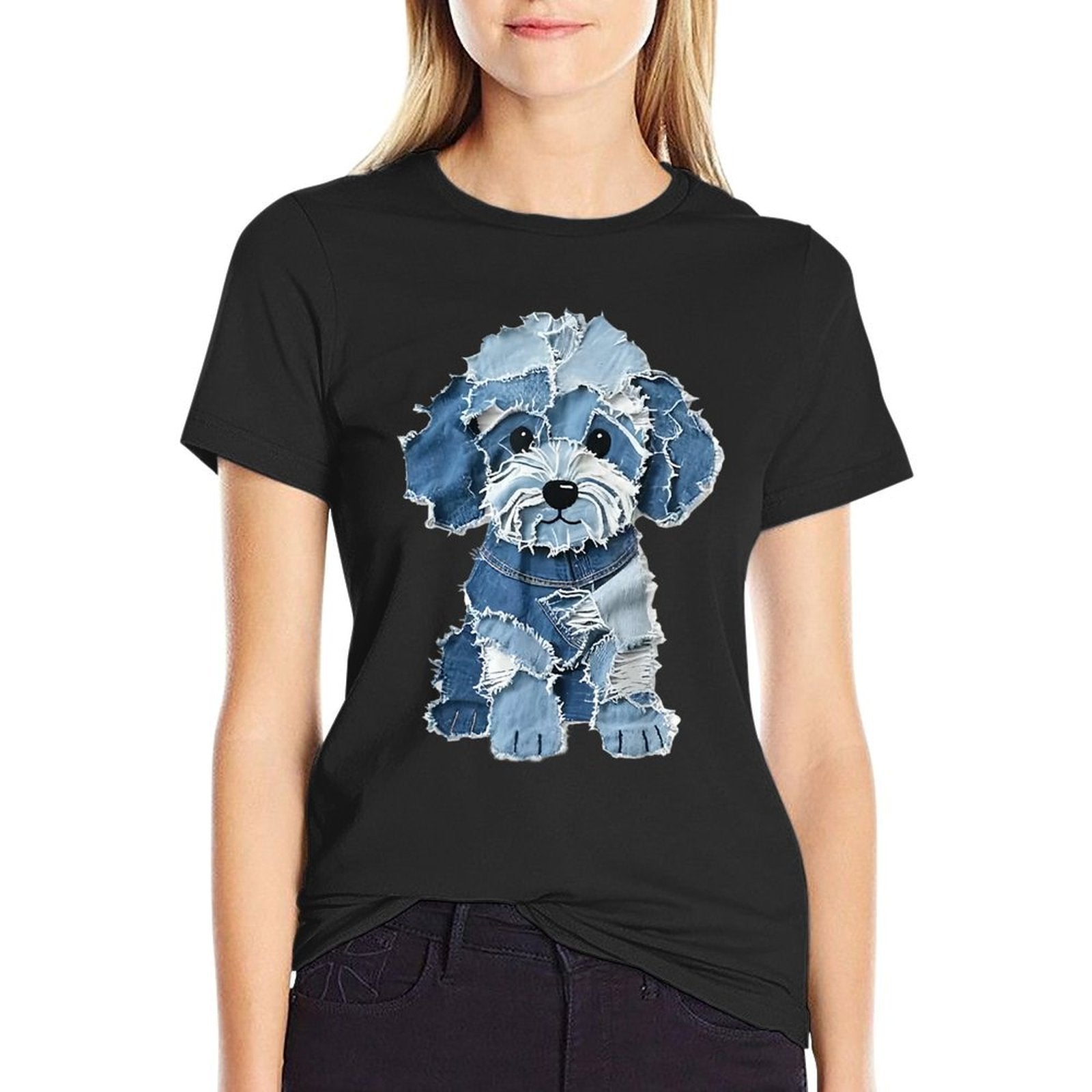 Retro Funny Denim Patch Animal Dog Print  Summer-ready Fabric T-Shirt