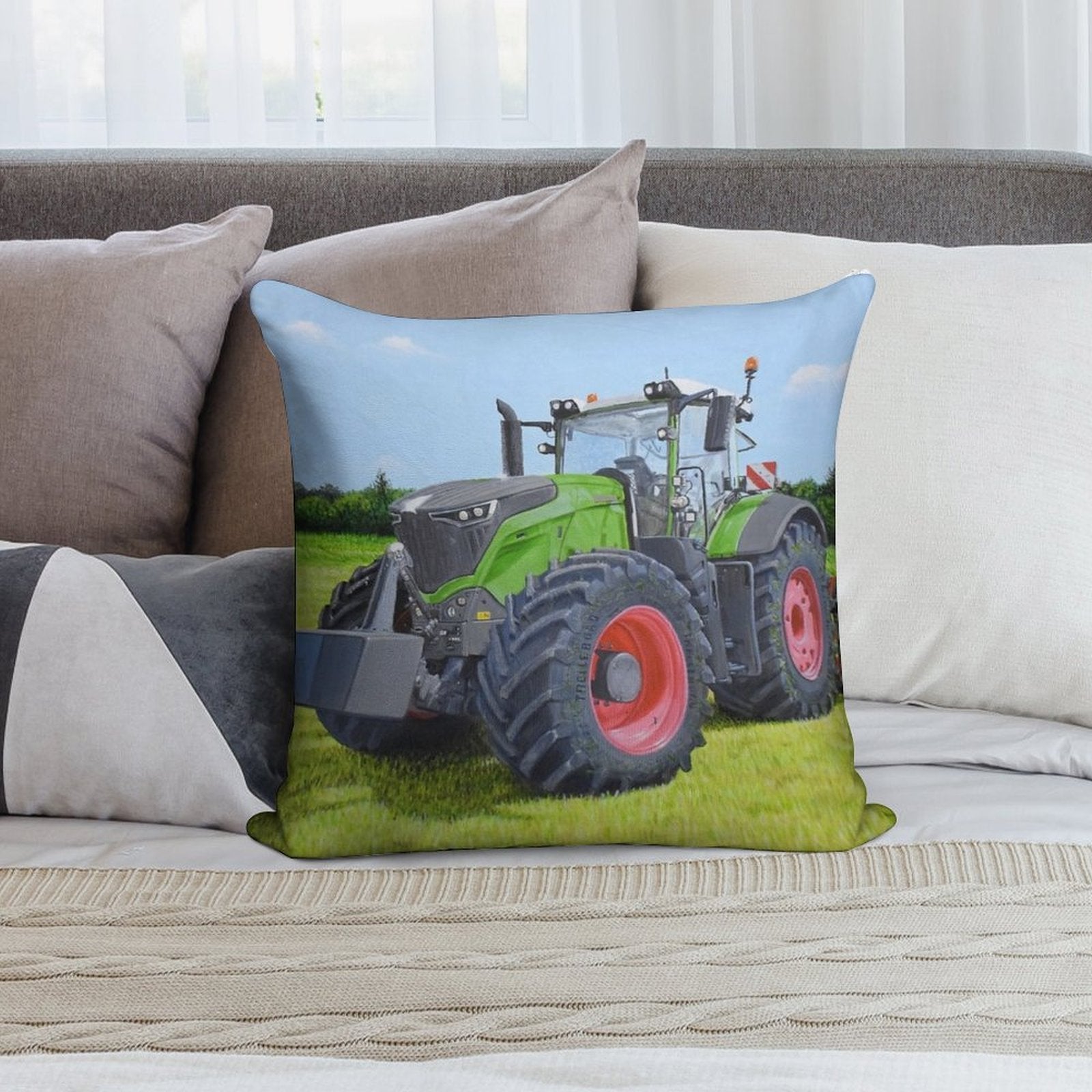 Green Tractor in Field Soft Shrink-Resistant Throw Pillow