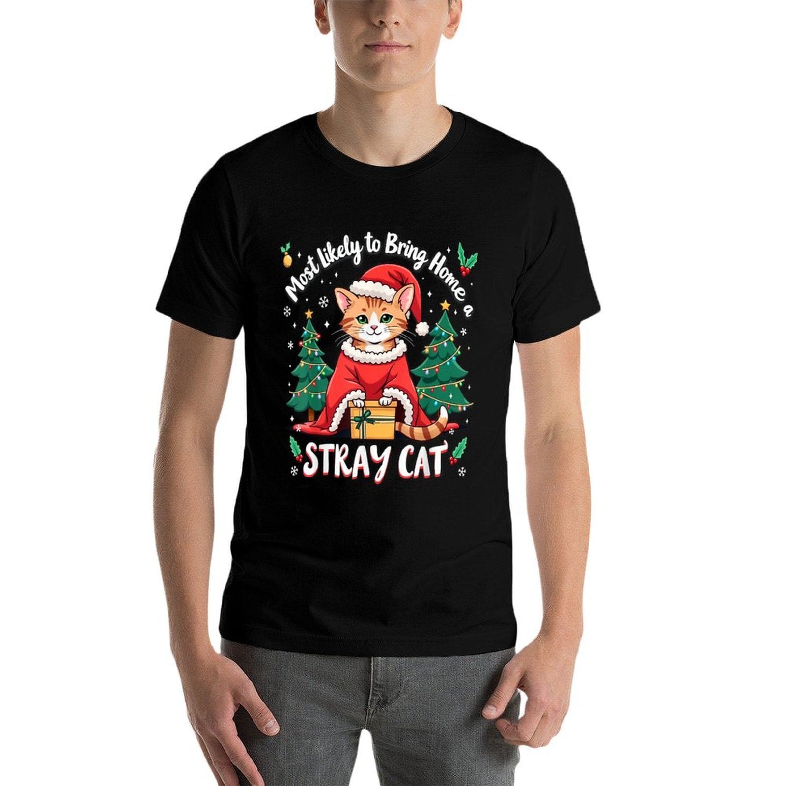 Most Likely To Bring Home A Stray Cat Christmas Santa Hat  Ribbed Collar T-Shirt