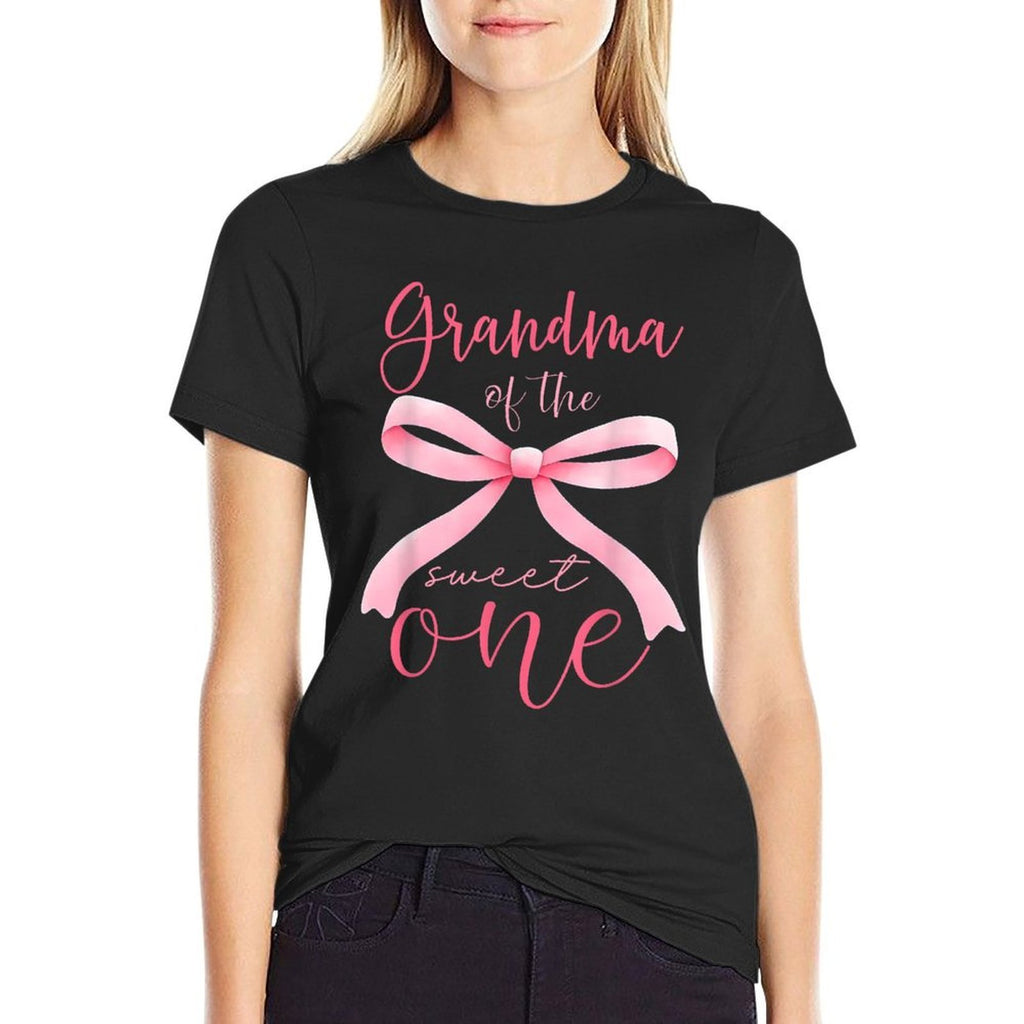 Grandma Of The Sweet One 1st Birthday Girl Coquette Pink Bow  Fade-proof Color T-Shirt