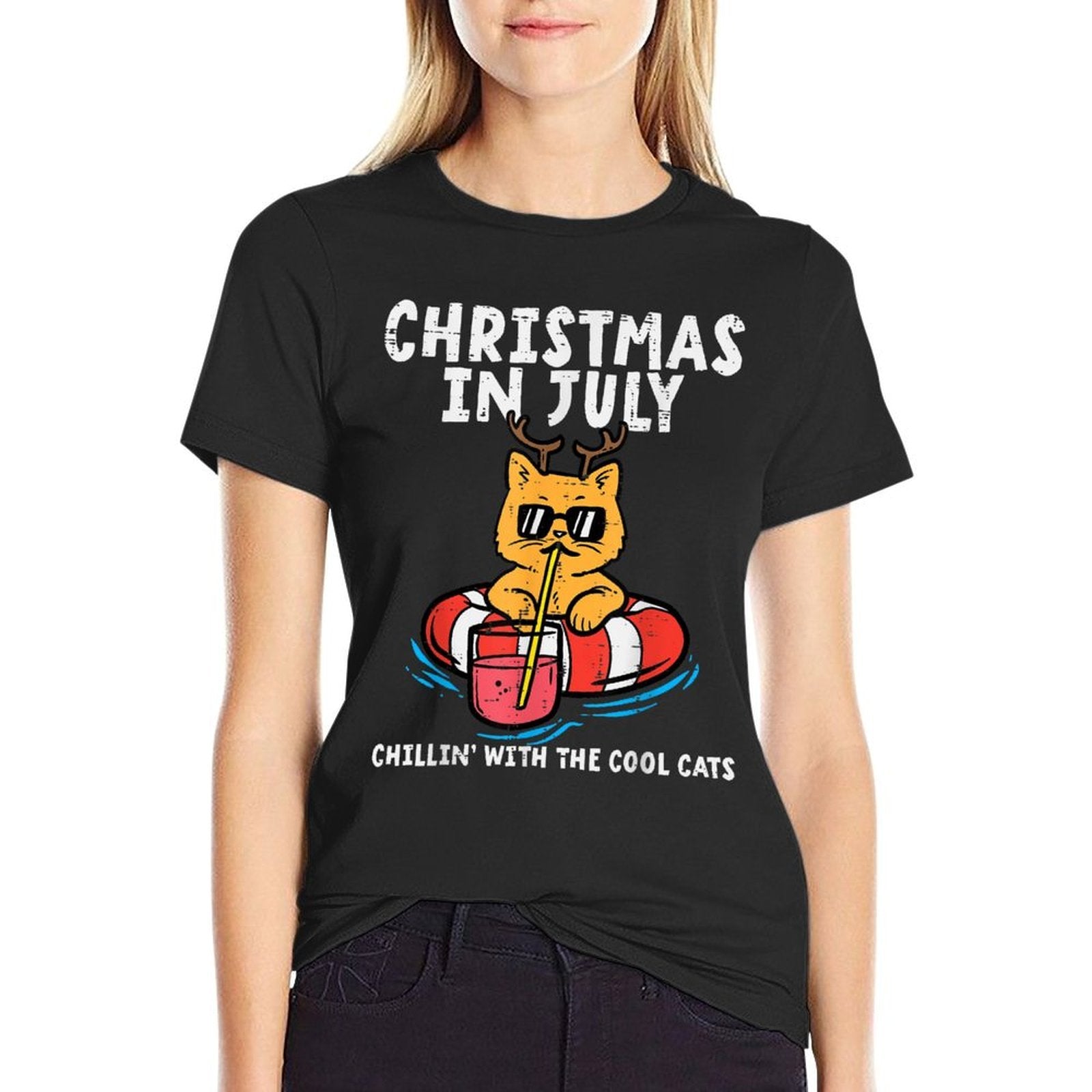 Christmas In July Chillin Cool Cats Funny Meowy Xmas Summer  Ribbed Collar T-Shirt