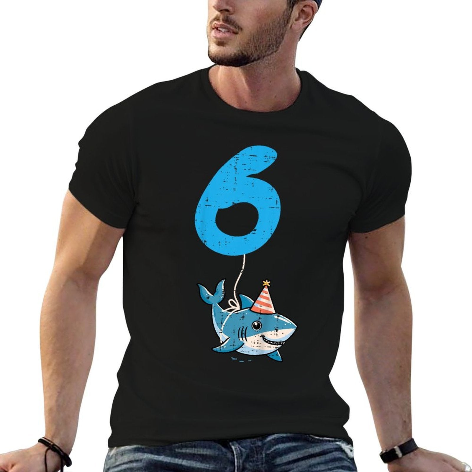 Kids 6th Birthday Shark 6 Hat Six Year Old Bday Boys Girls Kids  Soft T-Shirt