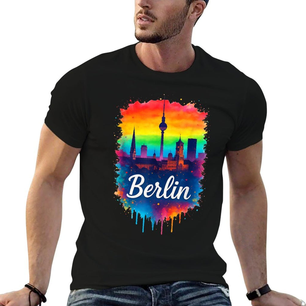 Berlin Germany City TV Tower Skyline Watercolour Rainbow  Summer-ready Fabric T-Shirt