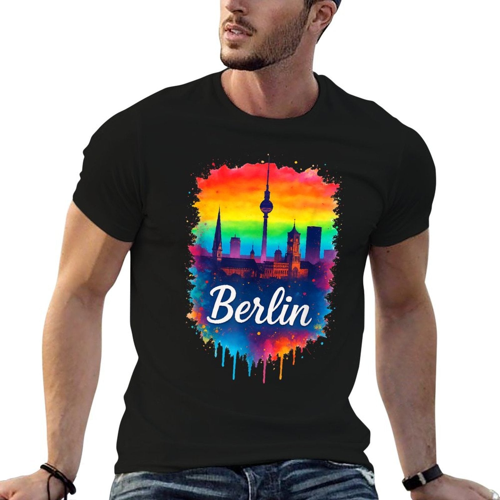 Berlin Germany City TV Tower Skyline Watercolour Rainbow  Summer-ready Fabric T-Shirt