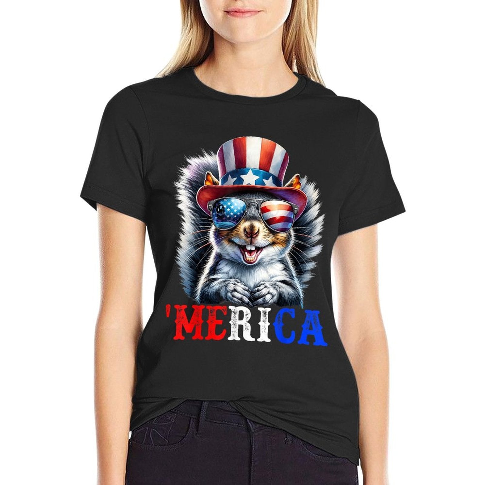 Merica Grey Squirrel Patriotic 4th of July Funny Men Women  Oversized Silhouette T-Shirt