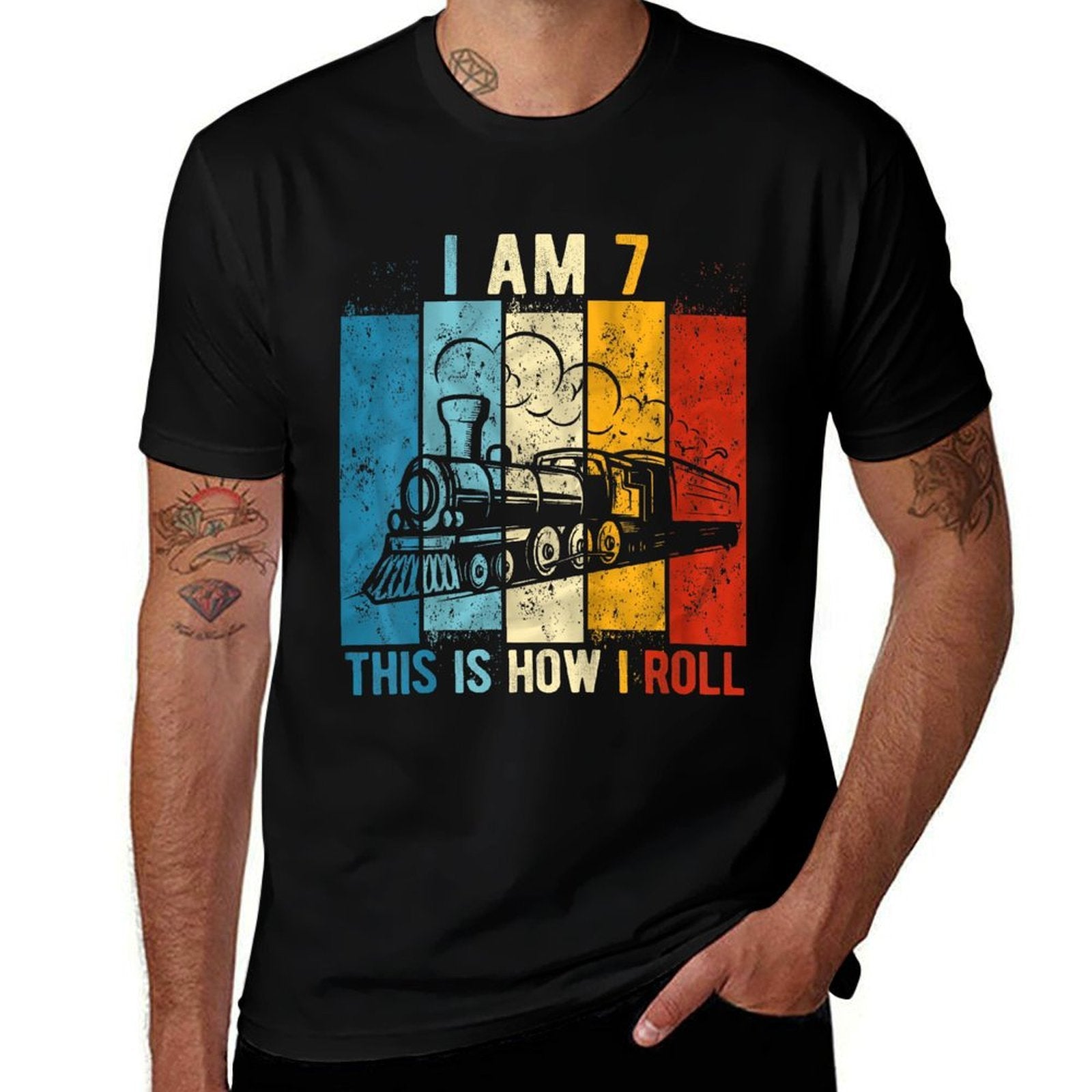 Kids 7th Birthday Boy Train 7 Year Old Birthday  Moisture-wicking T-Shirt