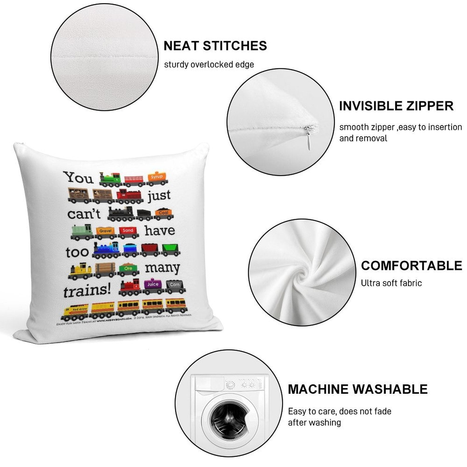 Too Many Trains - Black Lettering Soft Hidden Zipper Throw Pillow